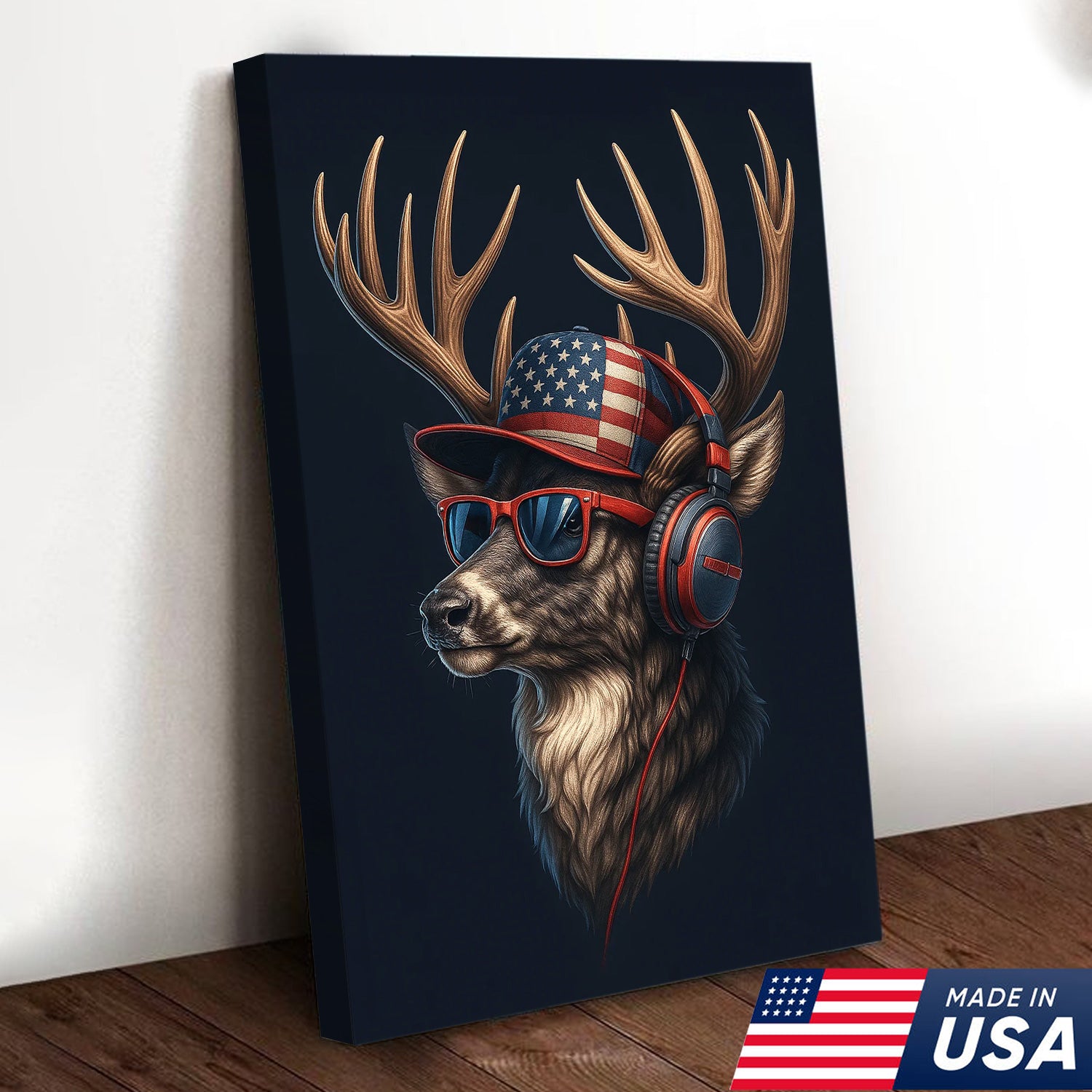 Patriotic Deer Wall Art Canvas – Cool Buck with American Flag Hat and Headphones – Rustic Hunting Lodge Decor USA