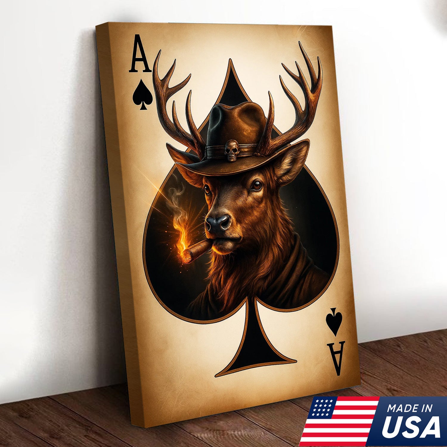 Wild West Ace of Spades Canvas Wall Art – Cowboy Deer with Hat – Rustic Hunting Cabin Decor