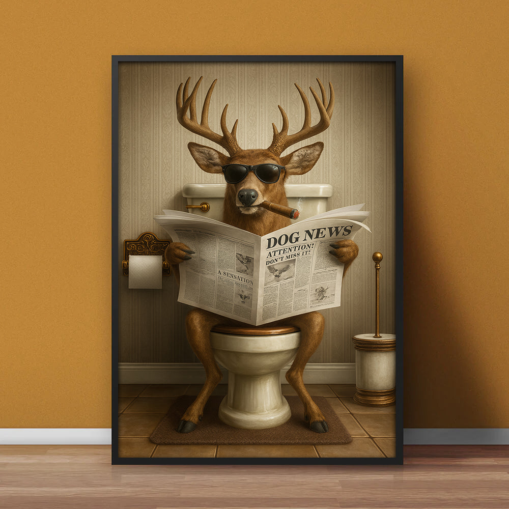 Funny Deer on Toilet Canvas – Hilarious Animal Art Print with SunGlasses and Smoking Reading Newspaper.