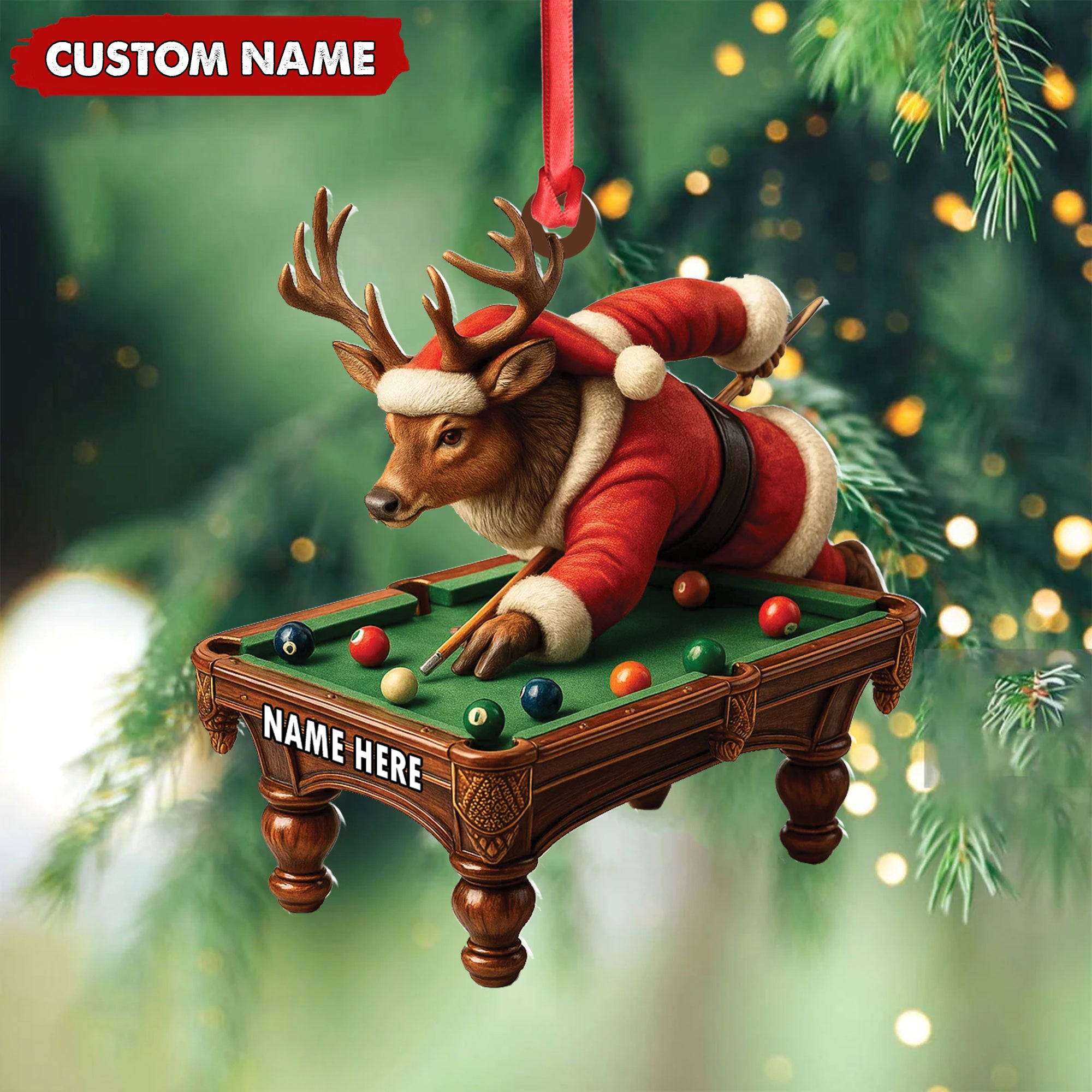 Personalized Acrylic Deer Christmas Ornament – Funny Buck Playing Pool in Santa Outfit Holiday Decor
