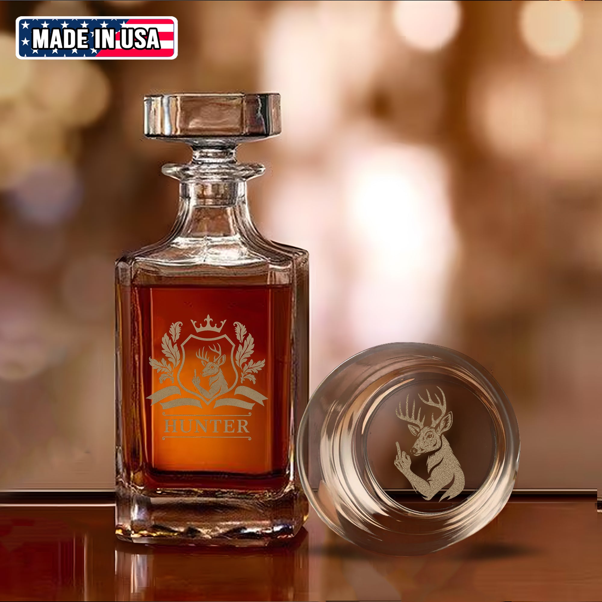 Luxury Deer Hunting Whiskey Decanter & Glass Set – Engraved Buck Glass Gift for Men & Outdoors Lovers