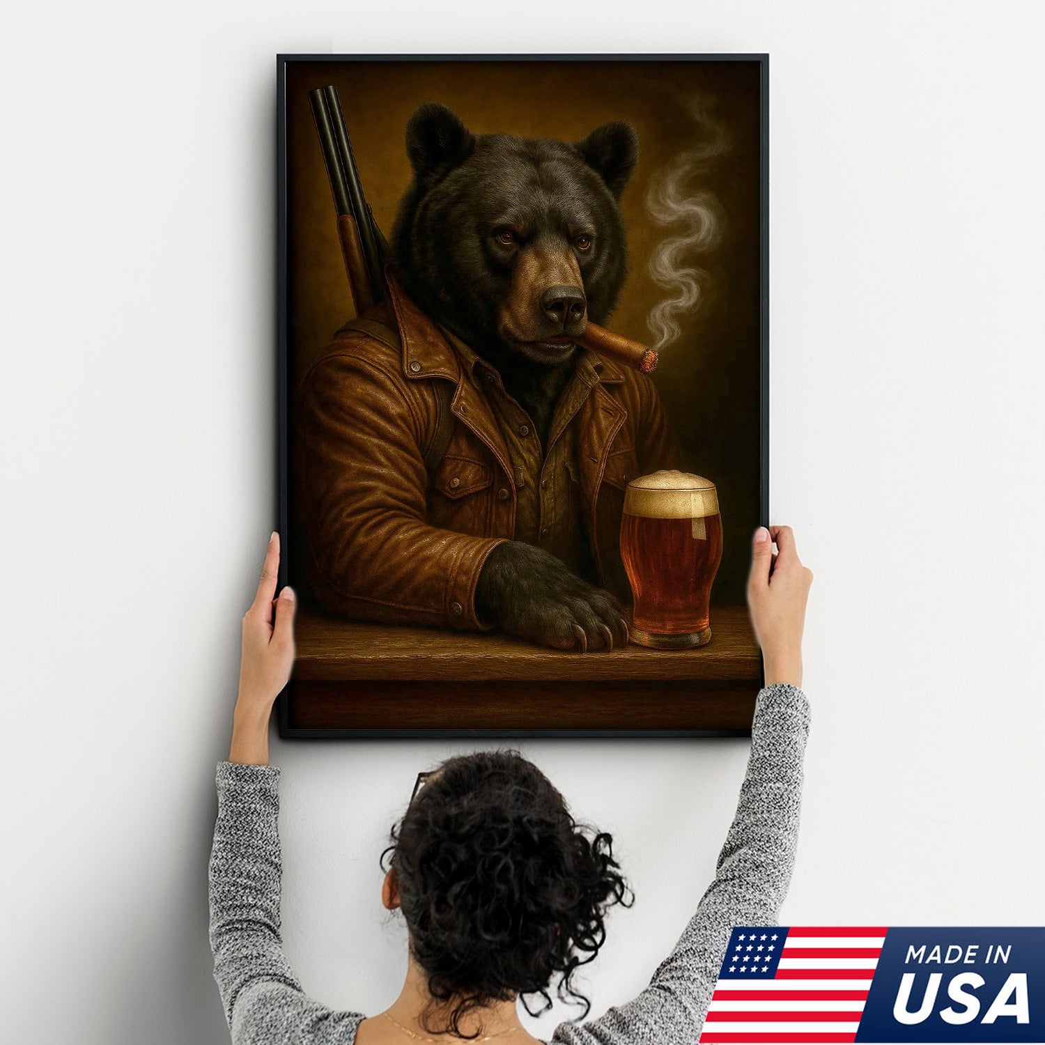 Black Bear Canvas Wall Art – Surreal Hunter Portrait with Beer Glass, Rustic Lodge Decor