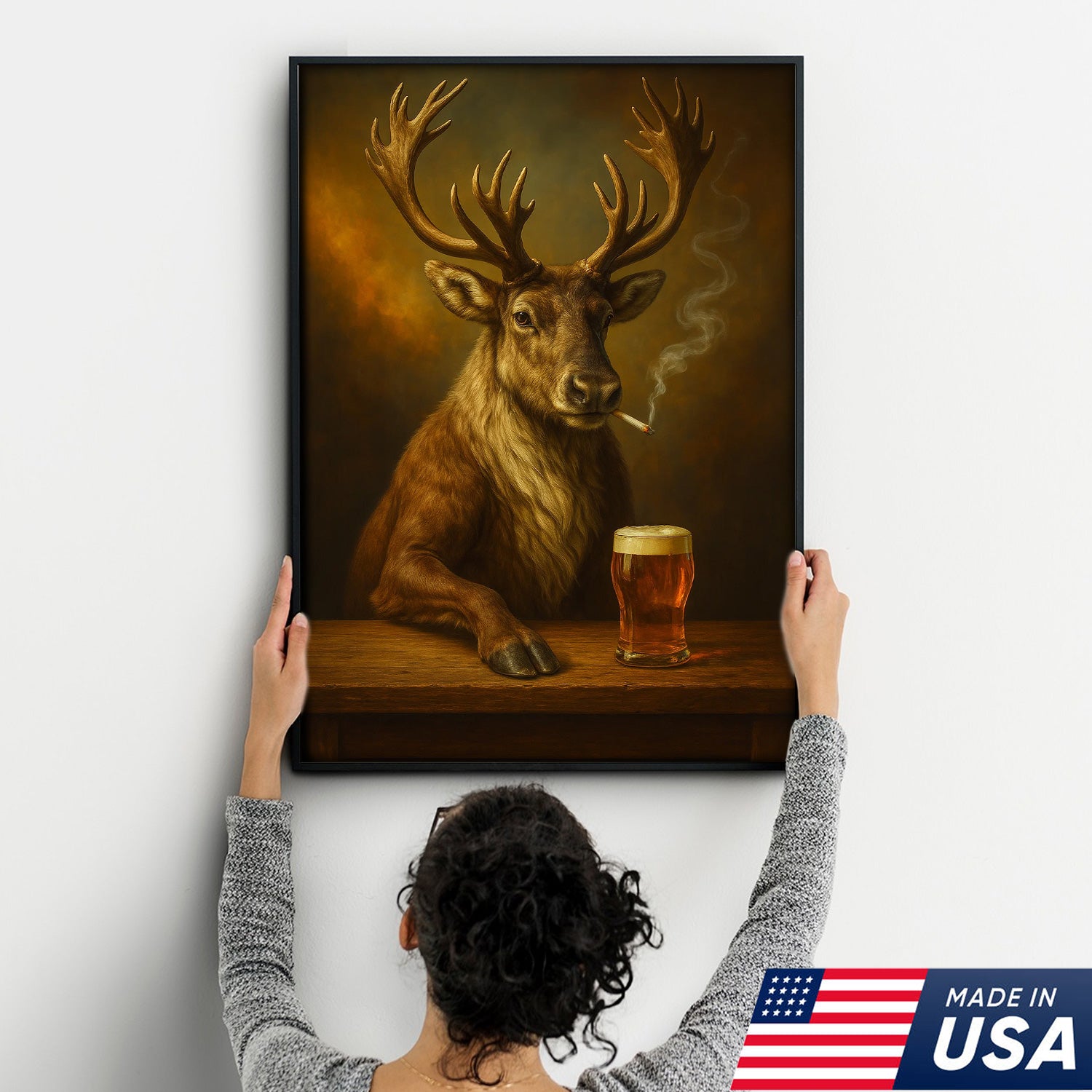 Rustic Caribou Canvas Wall Art – Majestic Caribou with Beer Glass – Hunting Cabin Lodge Decor