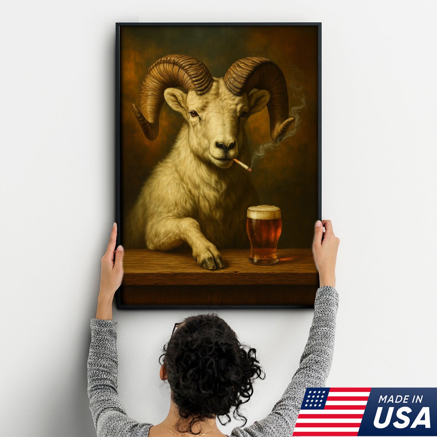 Rustic Dall Sheep Canvas Wall Art – Majestic Mountain Sheep with Beer Glass – Hunting Cabin Lodge Decor