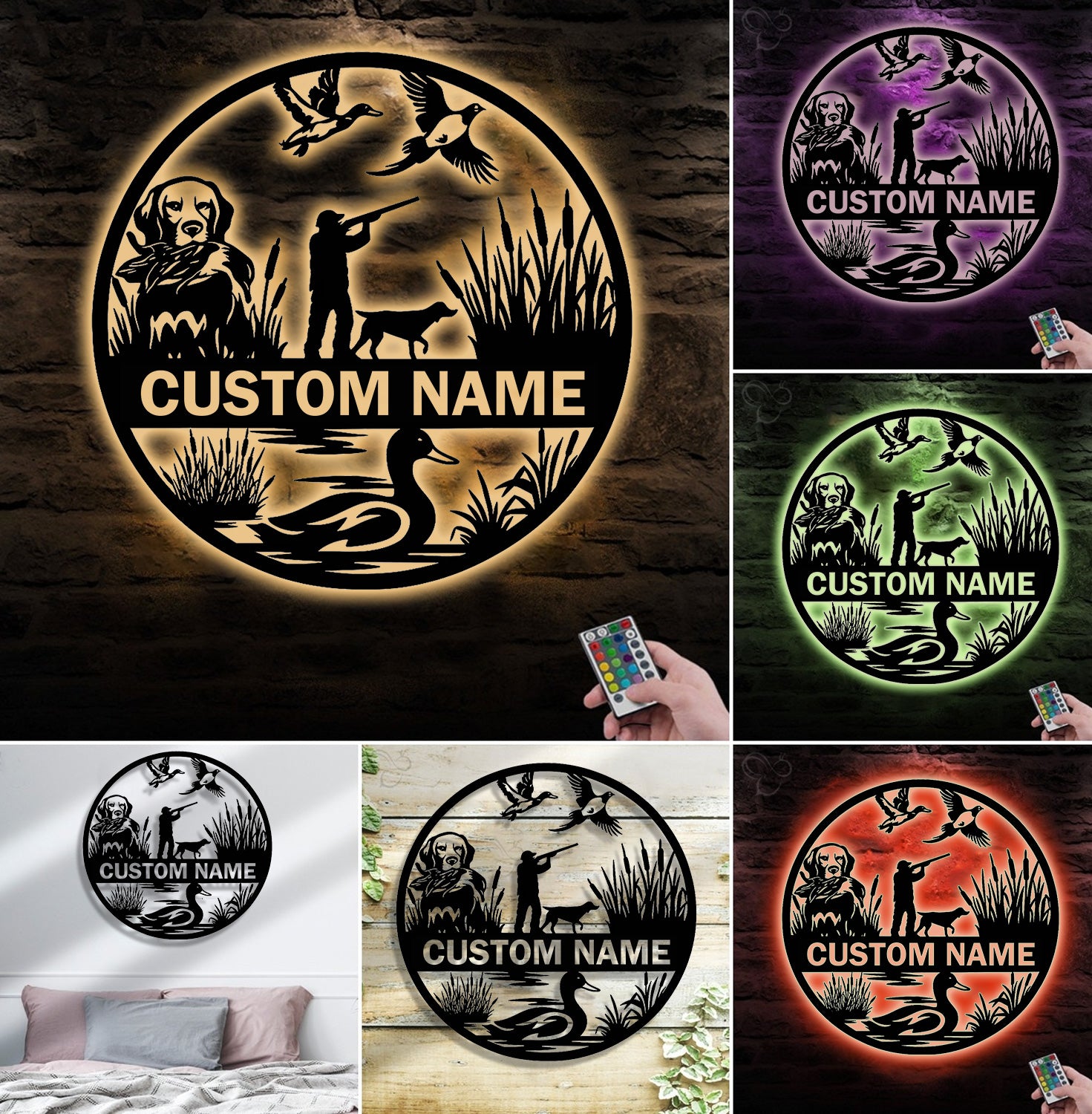 Personalized Metal Sign WITH LED/WITHOUT LED – Duck Hunting Scene with Dog and Hunter – Custom Rustic Wall Decor for Cabin and Lodge