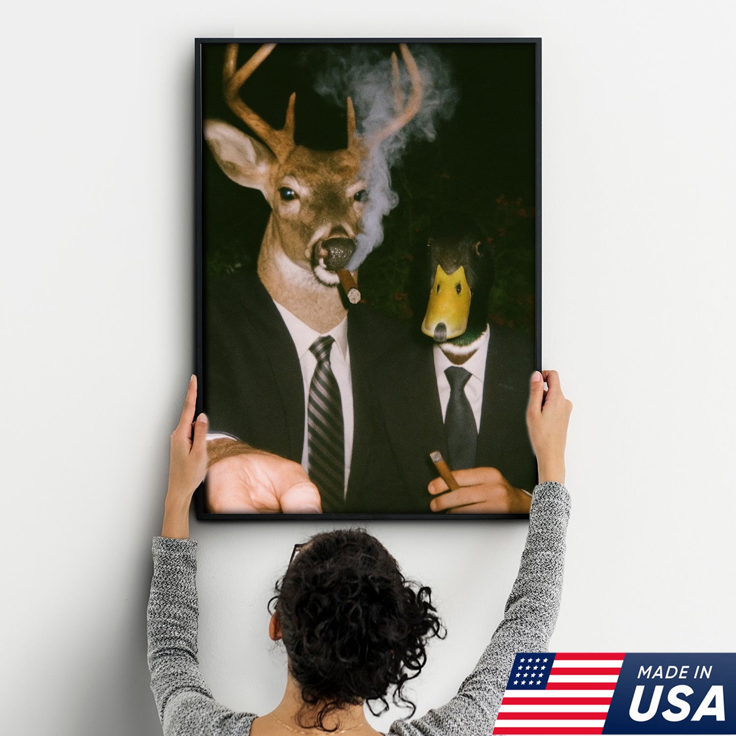 Funny Deer and Duck Canvas Wall Art - Hilarious Animal Duo in Suits - Unique Wildlife Artwork for Home Decor
