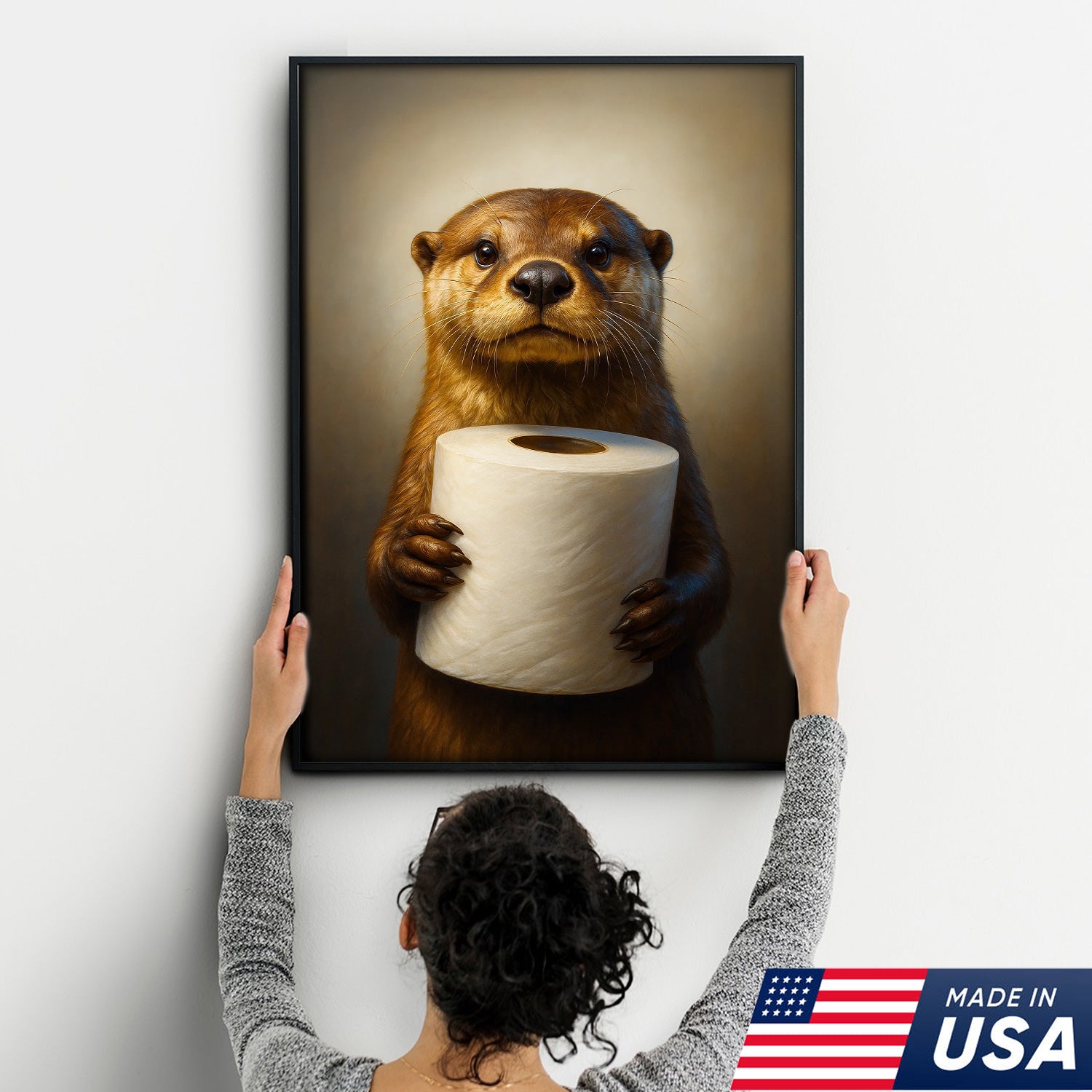 Funny Otter Canvas Wall Art - Cute Bathroom Decor with Toilet Paper - Rustic Wildlife Print