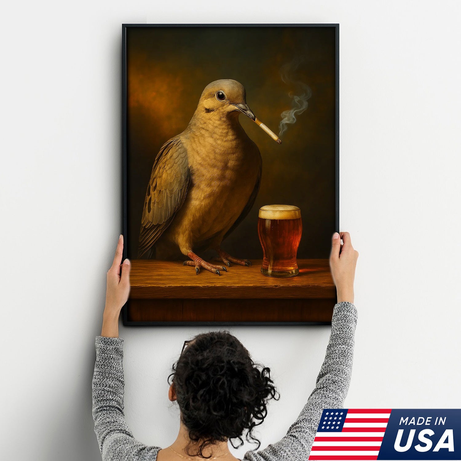 Rustic Mourning Dove Canvas Wall Art – Unique Wildlife Bar Scene with Beer – Hunting Cabin Lodge Decor