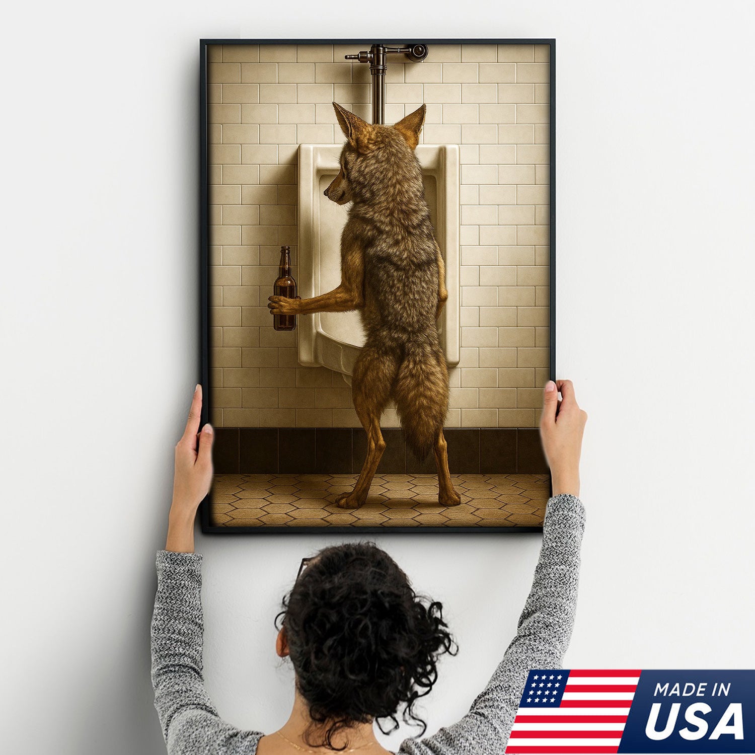 Hilarious Coyote Canvas Wall Art – Funny Bathroom Humor Decor – Rustic Hunting Cabin Gag Gift – Quirky Lodge Animal Artwork
