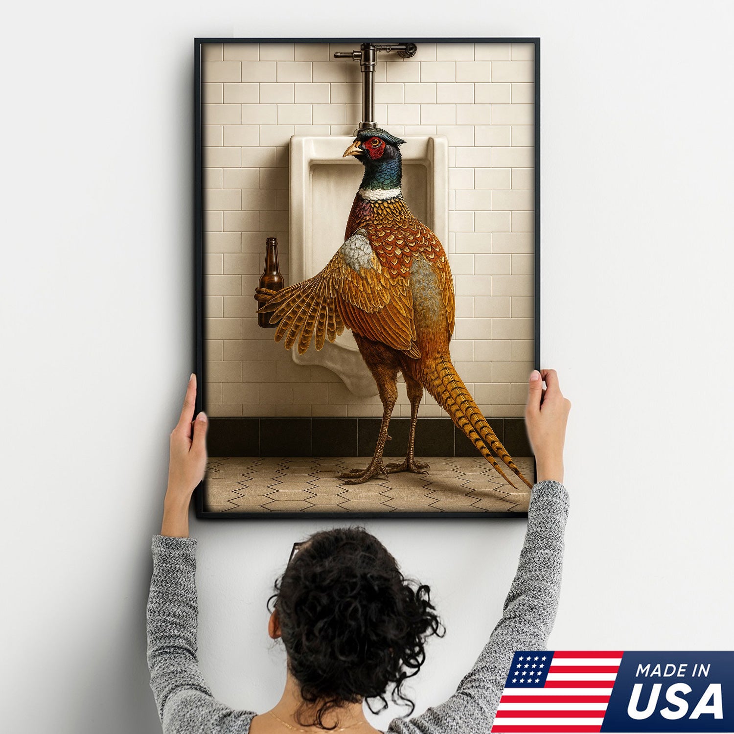 Funny Pheasant Canvas Wall Art – Hilarious Bathroom Humor Decor – Rustic Hunting Cabin Gag Gift – Quirky Lodge Animal Artwork