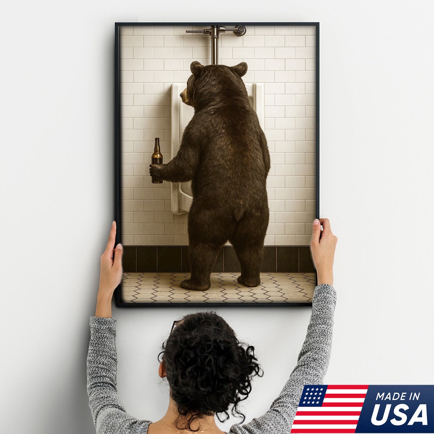Funny Black Bear Canvas Wall Art – Hilarious Bathroom Humor Decor – Rustic Cabin Lodge Gag Gift – Quirky Hunting Camp Animal Artwork
