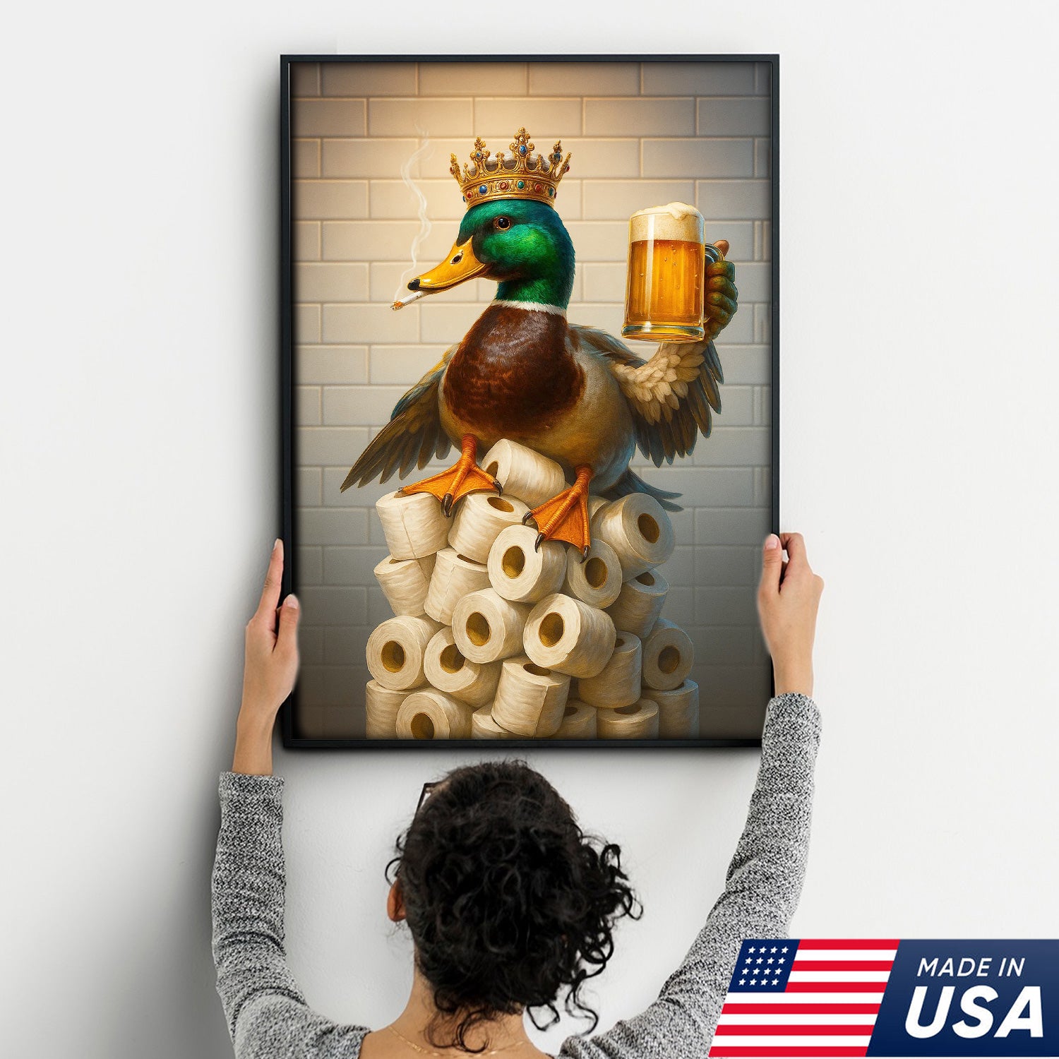 Royal Duck Canvas Wall Art - Funny Bathroom Decor with Crown and Beer - Rustic Wildlife Lodge Print