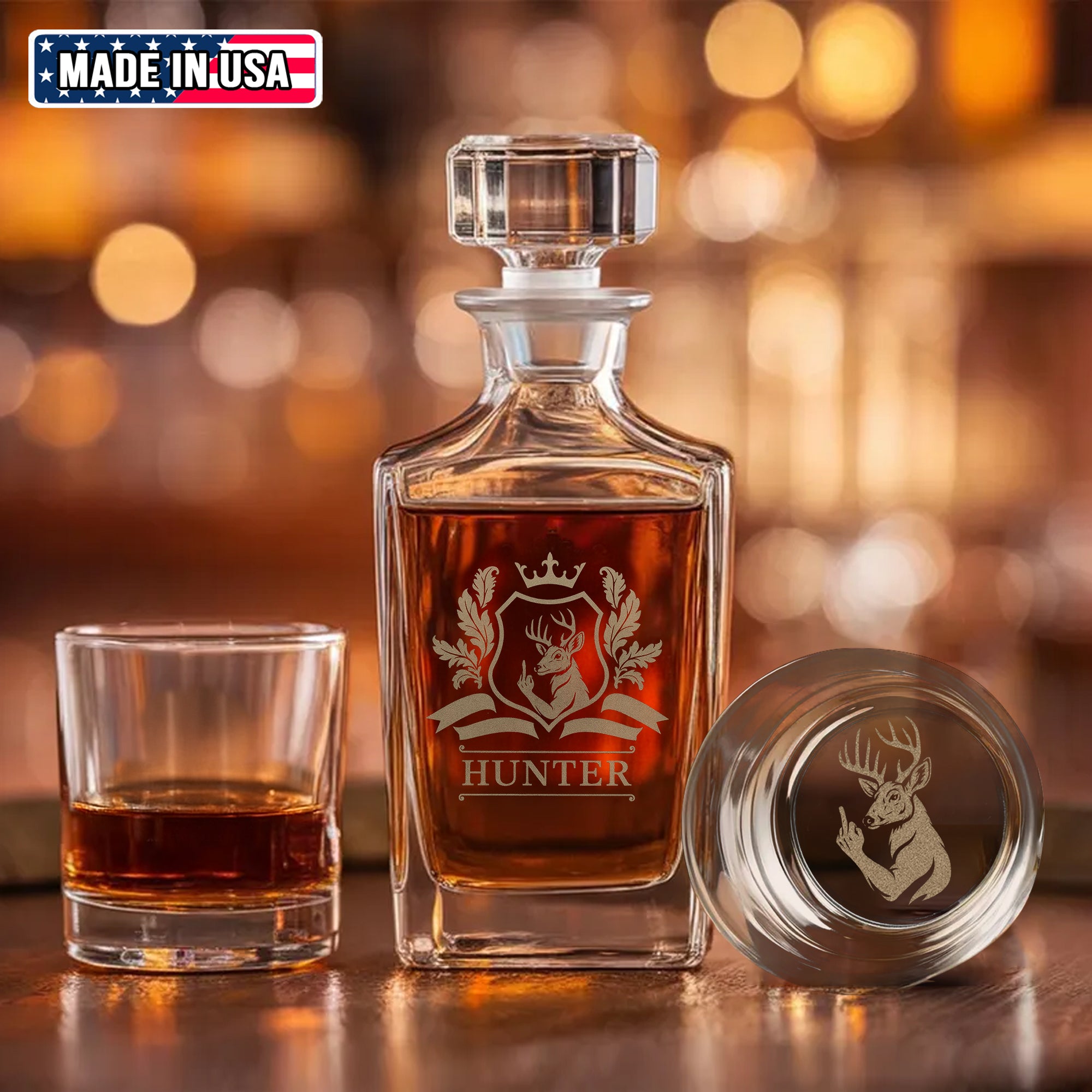 Luxury Deer Hunting Whiskey Decanter & Glass Set – Engraved Buck Glass Gift for Men & Outdoors Lovers