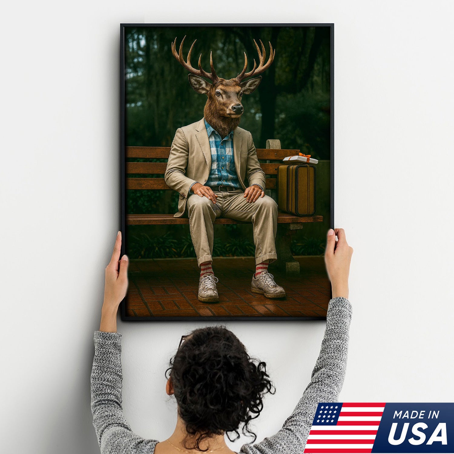 Funny Deer Canvas Wall Art – Buck Sitting on Bench – Whitetail Deer Hunting Lodge Decor