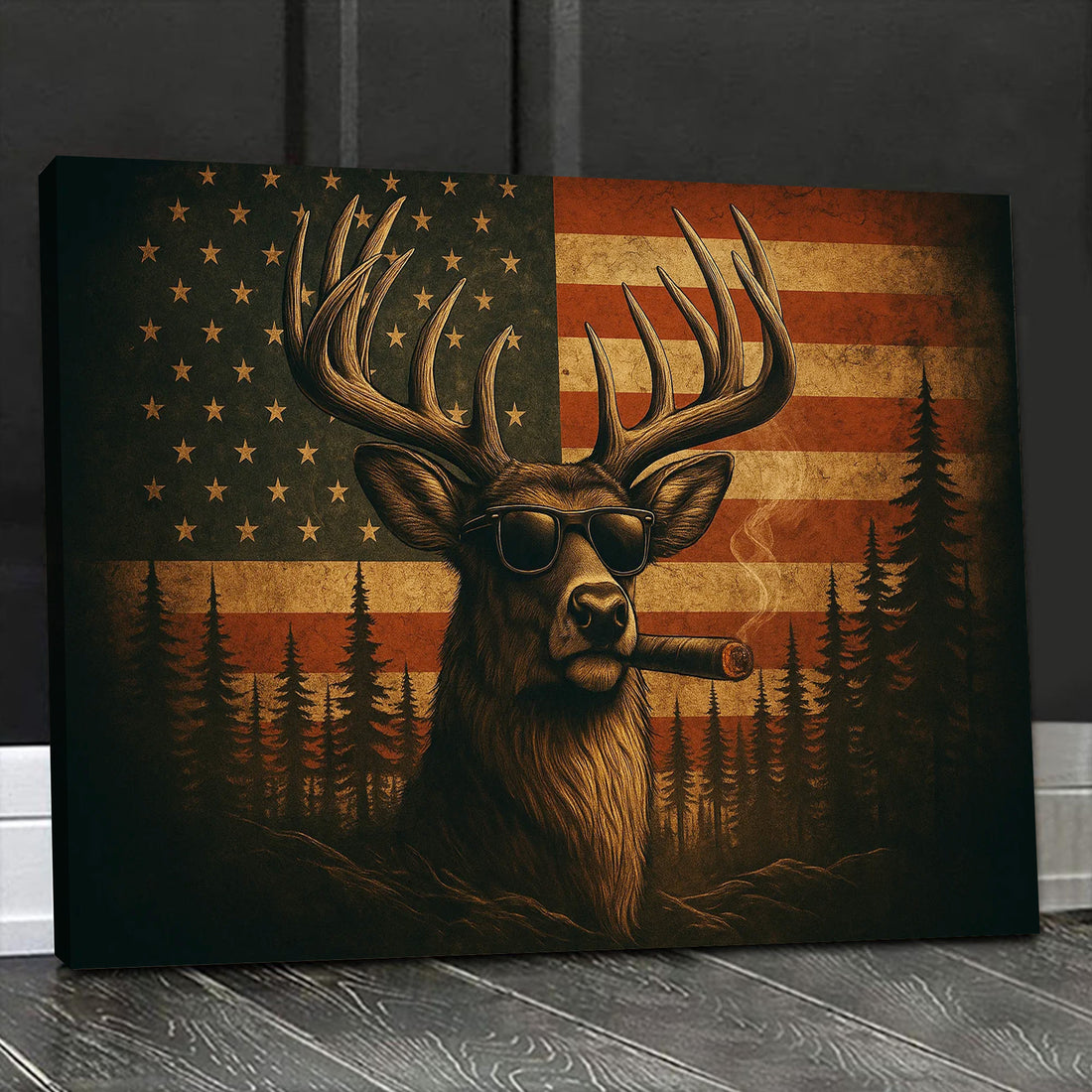 Deer Canvas Wall Art β Cool Buck with Sunglasses and USA Flag Rustic Hunting Lodge Decor