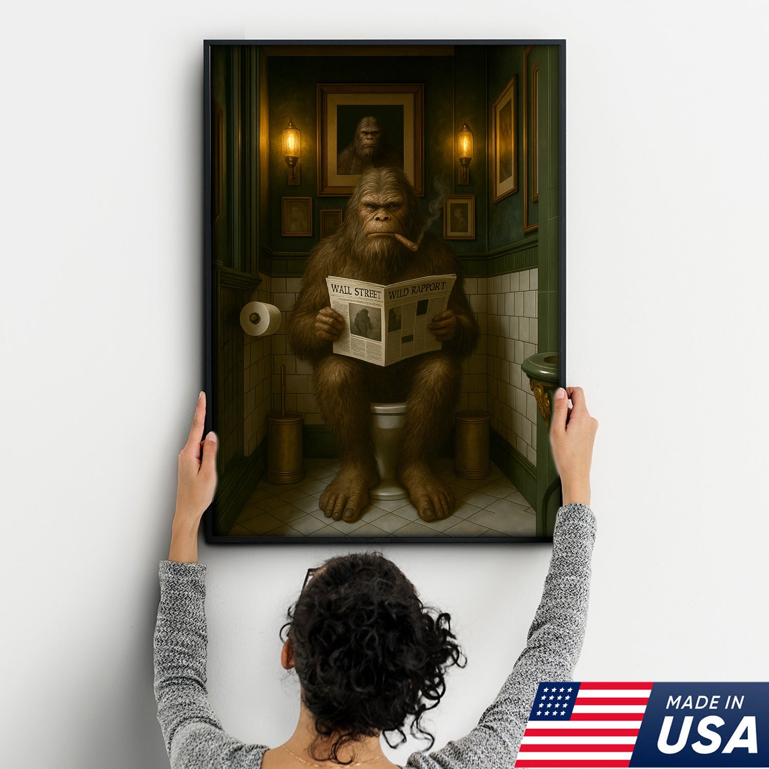 Funny Bigfoot Bathroom Wall Art – Rustic Hunting Cabin Toilet Humor Canvas Decor