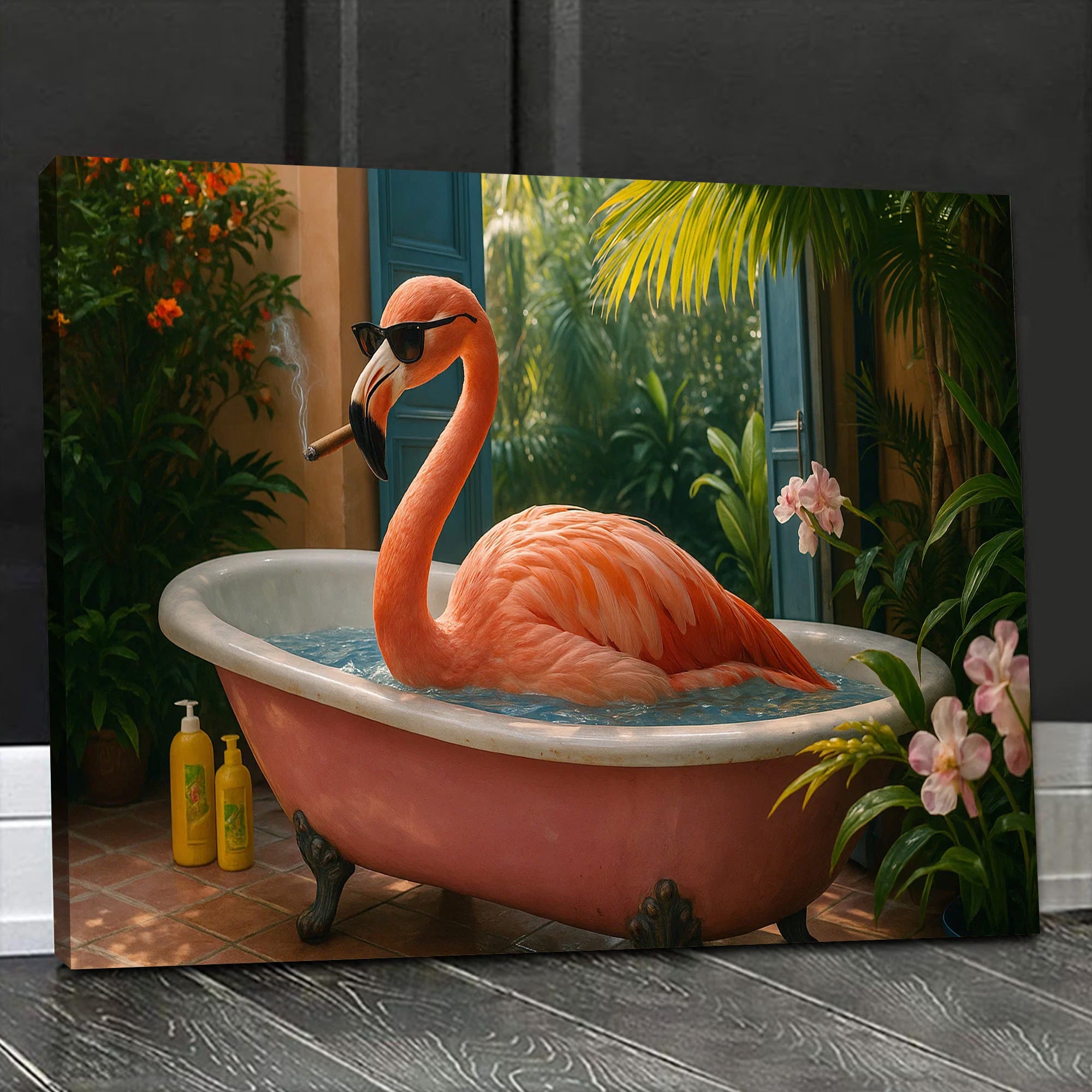 Funny Flamingo Canvas Wall Art – Cool Pink Bird in Bathtub – Tropical Bathroom Decor