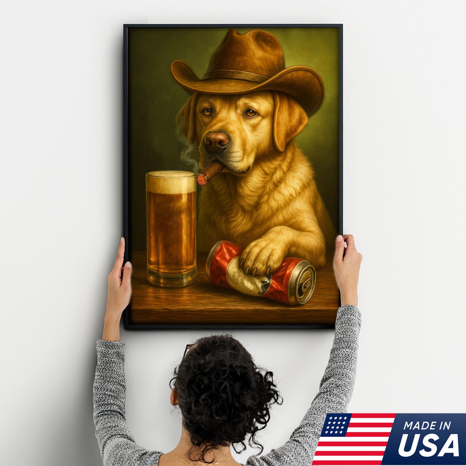 Funny Cowboy Dog Wall Art – Funny Beer & Smoking Canvas For Hunters, Bar & Man Cave Decor