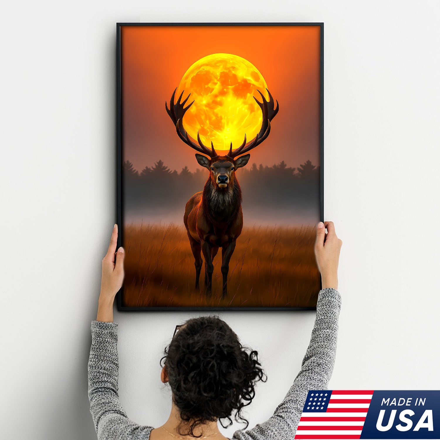 Majestic Elk Full Moon Canvas Wall Art – Hunting Cabin Decor Gift for Hunters