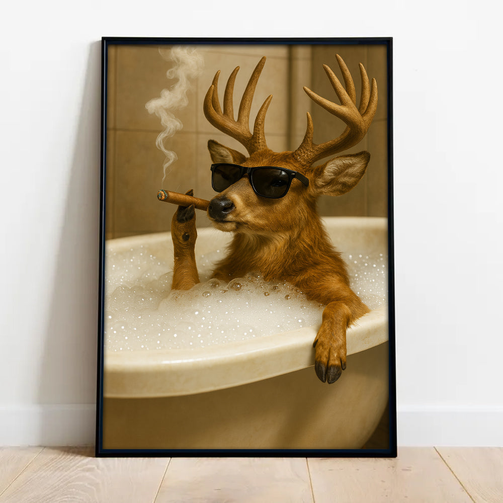 Funny Deer in Bathtub Canvas – Retro Animal Art Print with SunGlasses and Smoking for Unique Wall Decor