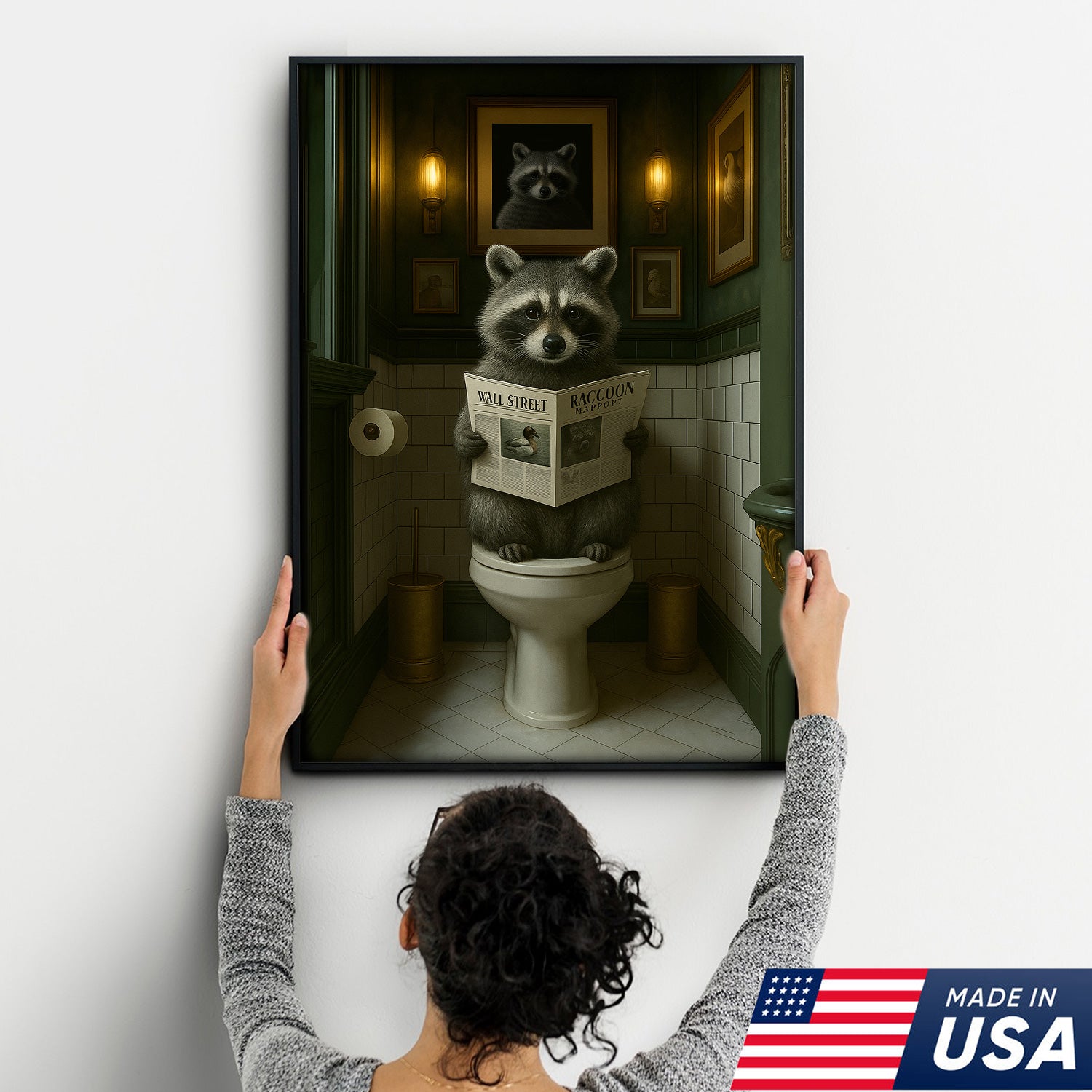 Funny Raccoon Bathroom Wall Art – Rustic Toilet Humor Cabin Canvas Decor, Gifts for Outdoorman
