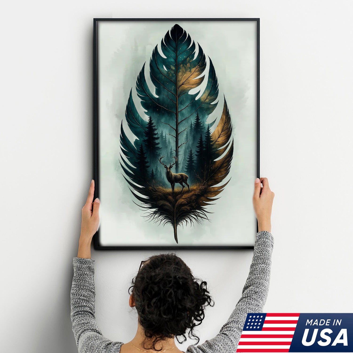 Rustic Deer And Feather Canvas Wall Art – Nature Forest Wildlife Print – Cabin & Lodge Hunting Decor