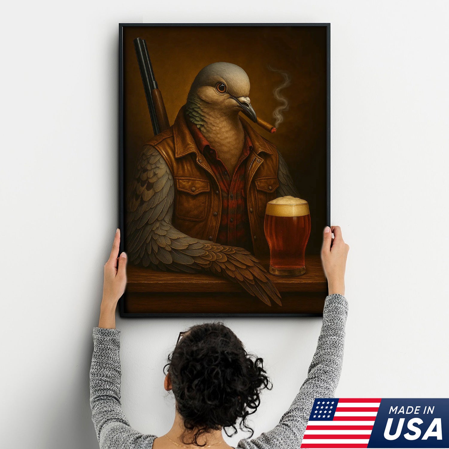Mourning Dove Canvas Wall Art – Surreal Hunter Portrait with Beer Glass, Rustic Lodge Decor