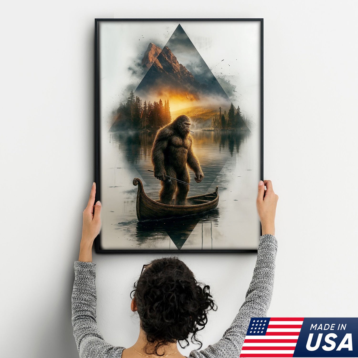 Bigfoot Fishing On Wooden Boat Adventure Canvas Wall Art – Mysterious Forest Lake Decor – Rustic Cabin & Lodge Artwork