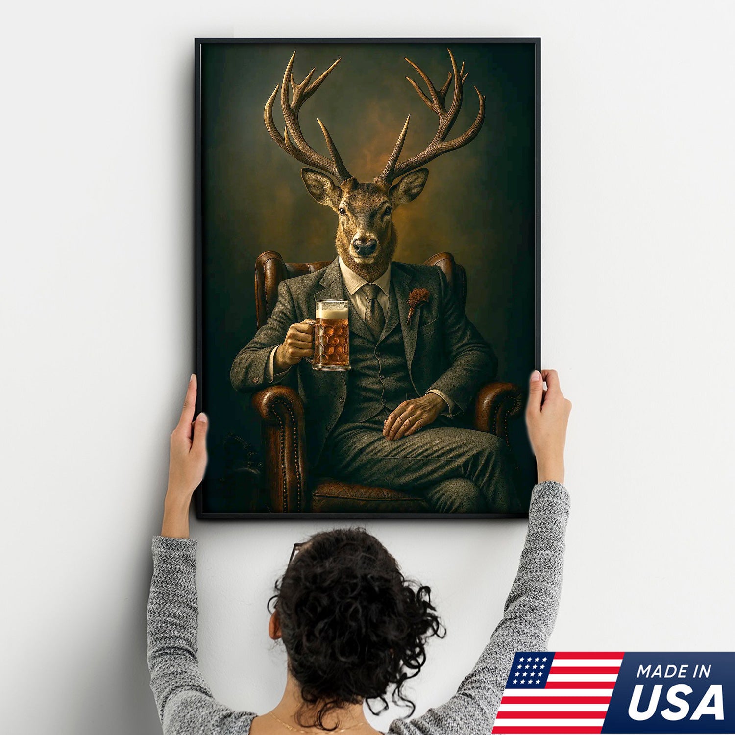Deer Canvas Wall Art – Sophisticated Buck in Suit Holding Beer Rustic Lodge Decor for Hunters