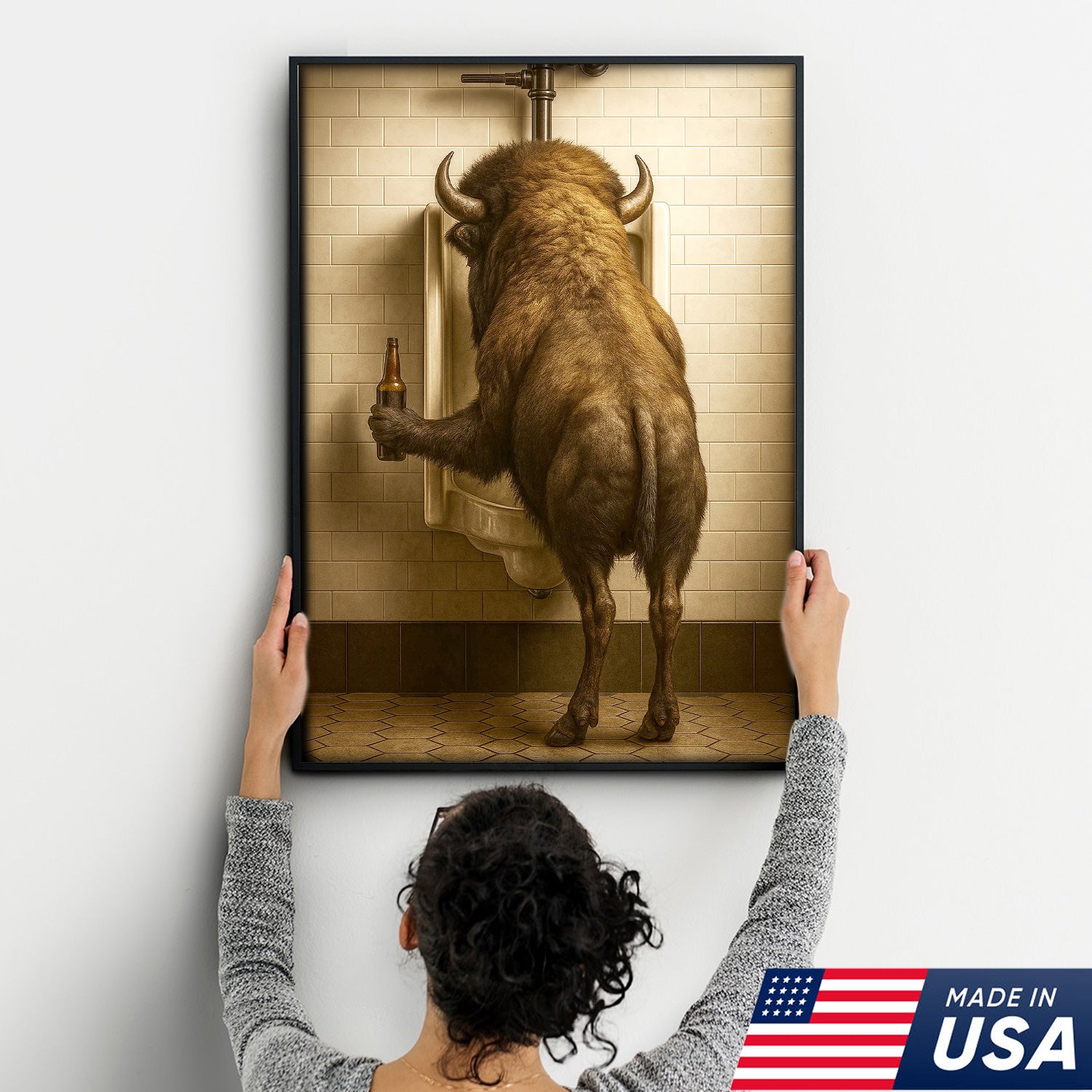 Funny Bison Canvas Wall Art - Rustic Bathroom Lodge Decor for Hunters - Unique Wildlife Cabin Print