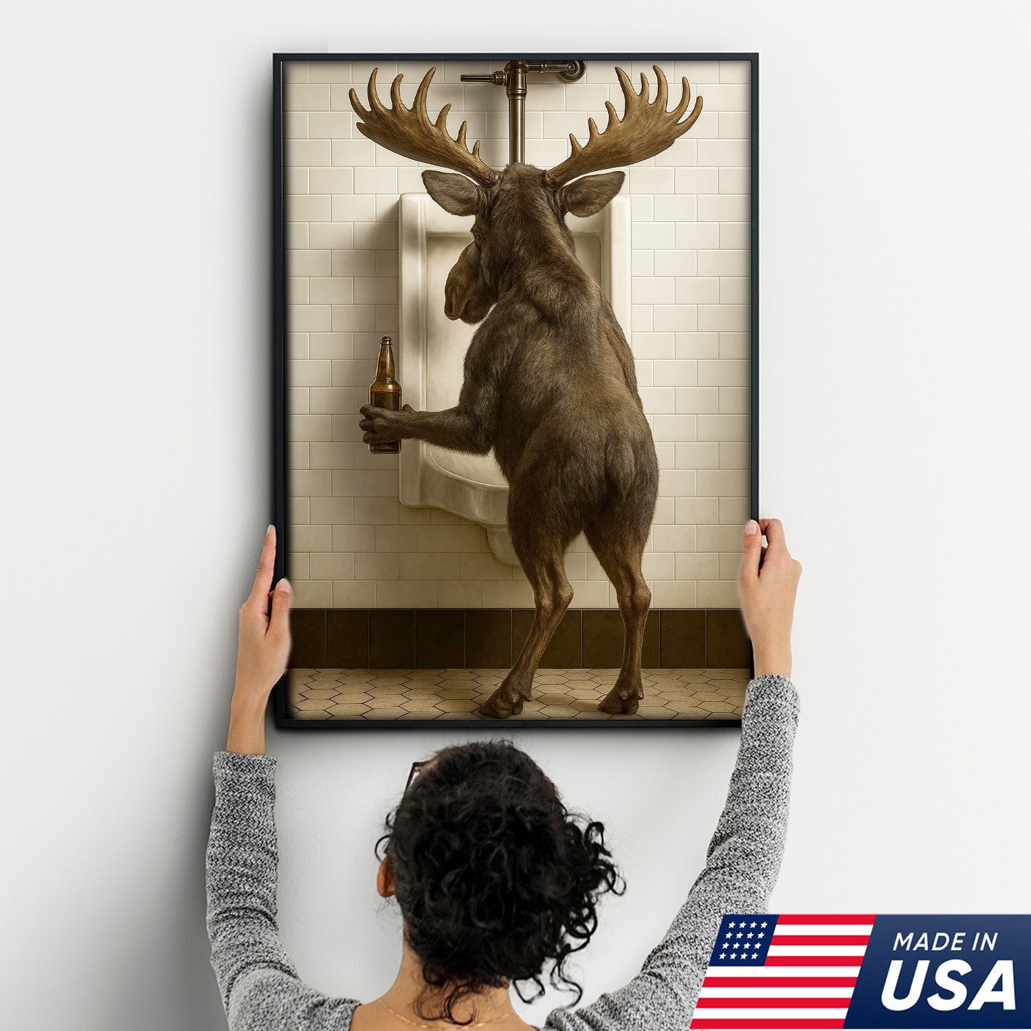 Moose Bathroom Canvas Wall Art - Funny Rustic Lodge Decor for Cabin and Hunting Enthusiasts - Wildlife Humor Print
