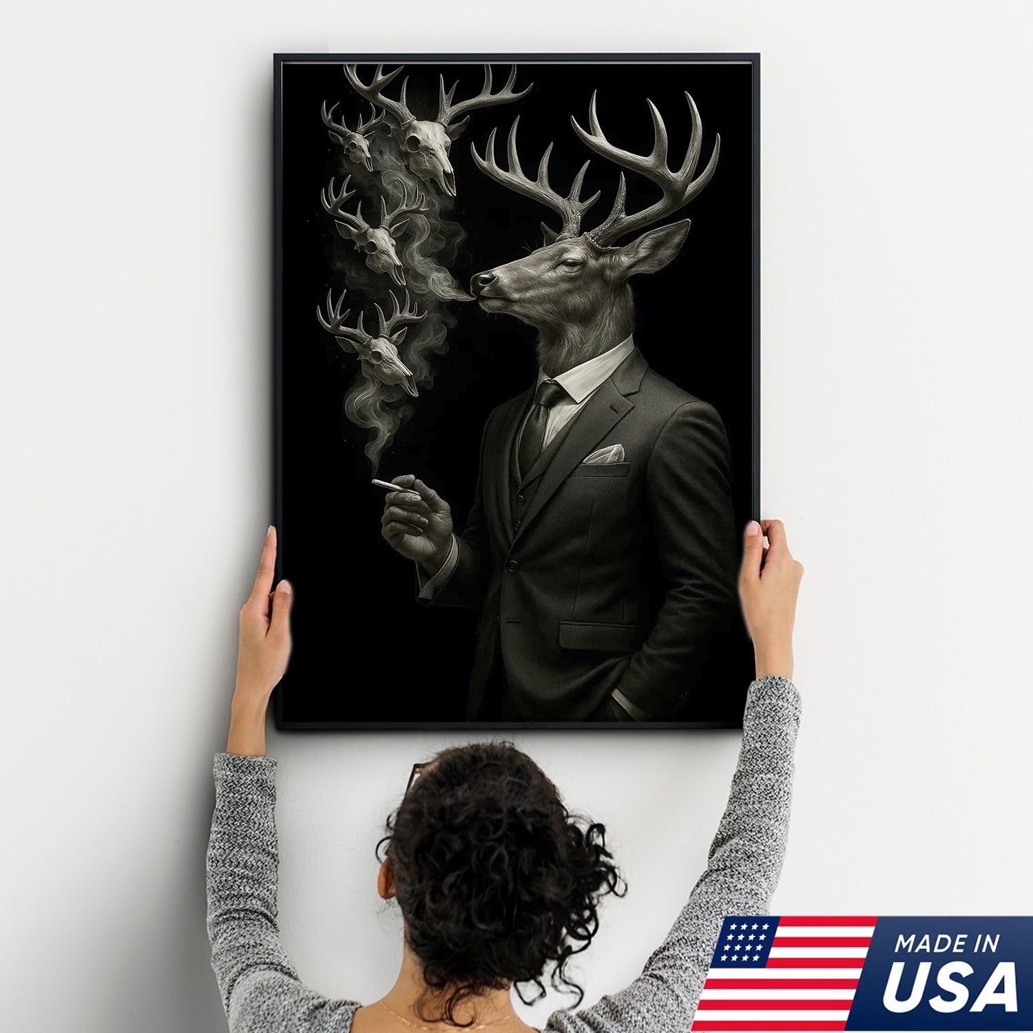 Gentleman Deer Canvas Wall Art, Elegant Buck in Suit Artwork, Rustic Cabin Decor for Hunters, Modern Wildlife Portrait Painting