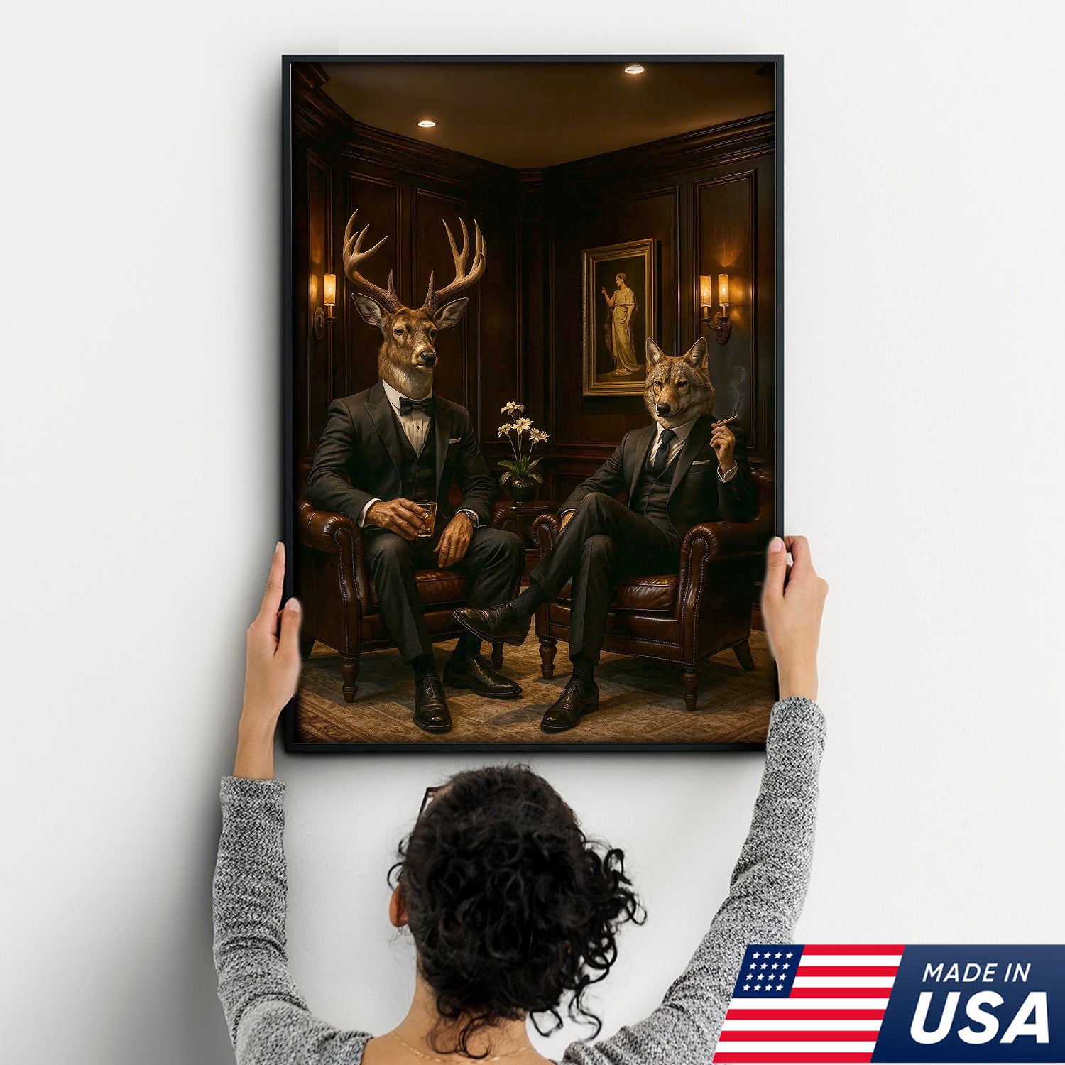 Elegant Deer and Wolf Canvas Wall Art - Sophisticated Animal Portrait in Suits, Luxury Rustic Decor for Living Room & Office