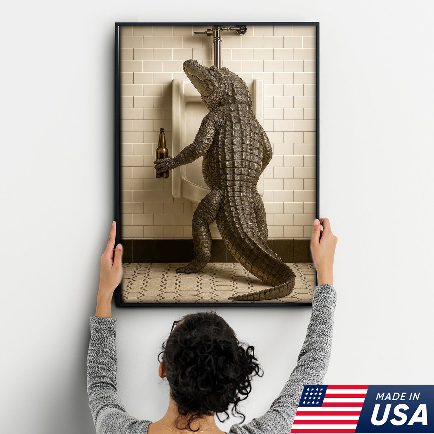 Alligator Bathroom Canvas Wall Art - Funny Rustic Lodge Decor for Cabin, Bar, and Wildlife Lovers - Unique Gator Print