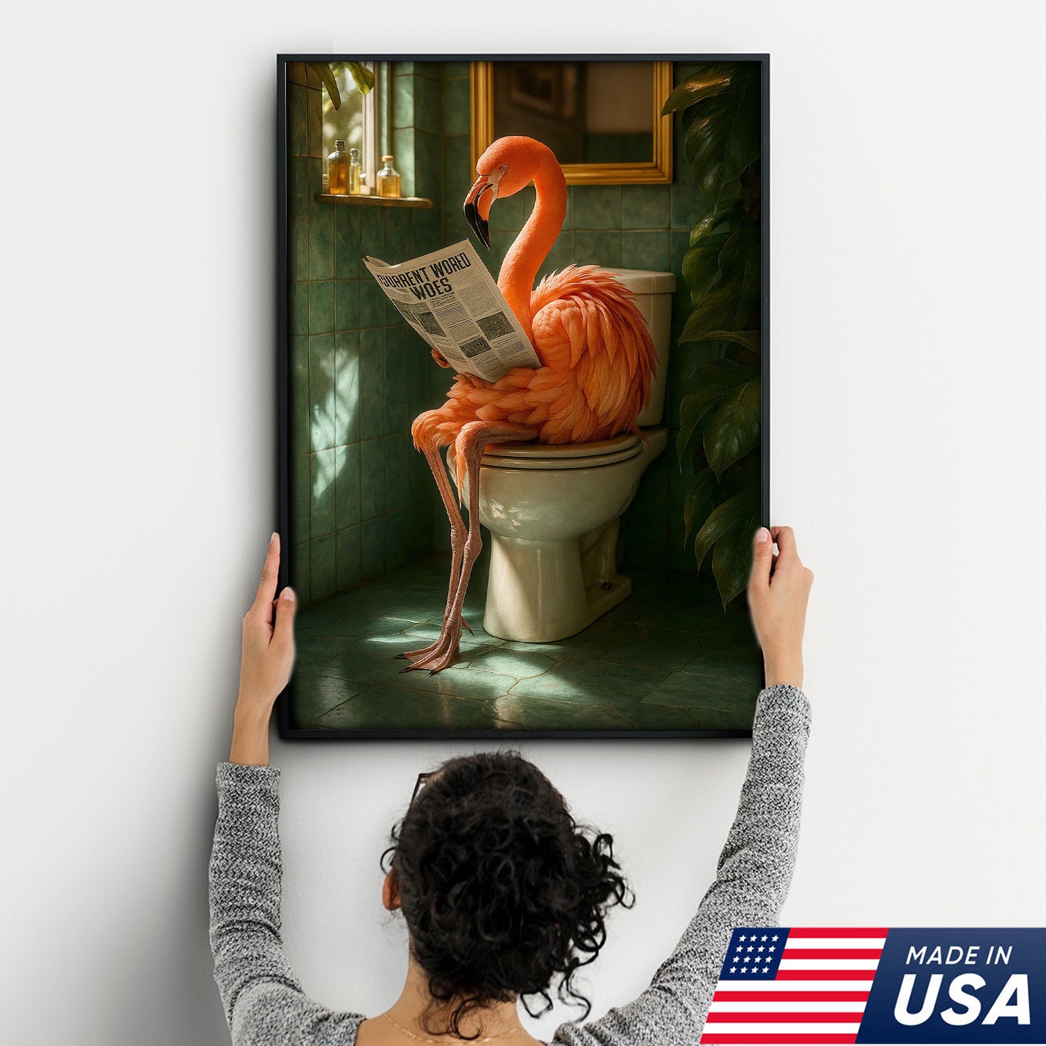 Funny Flamingo Bathroom Canvas Wall Art – Quirky Bird Reading Newspaper Print – Humorous Home Decor