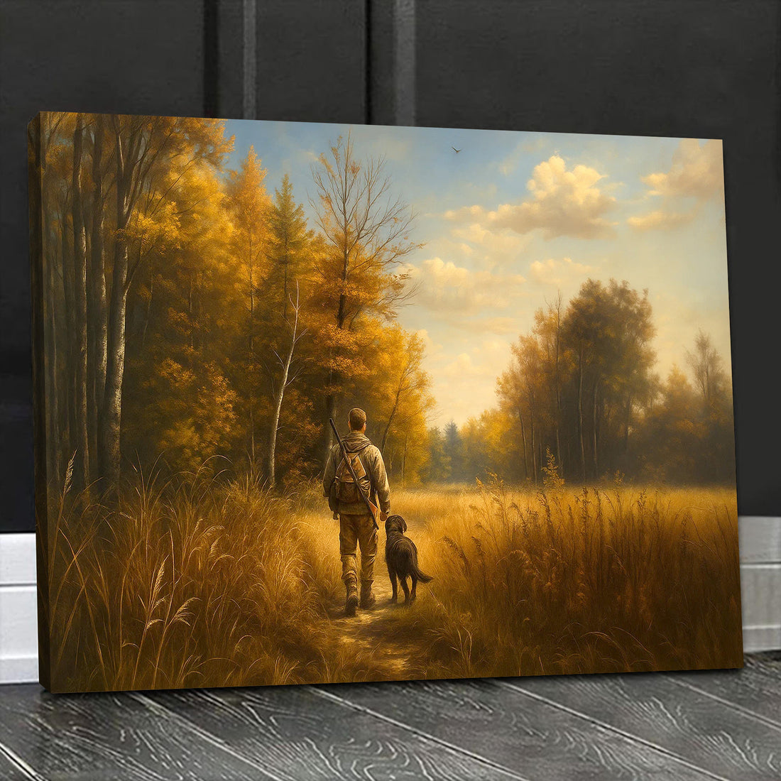 Hunting Canvas Wall Art β Hunter Walking with Dog in Autumn Forest β Rustic Wildlife Wall Decor for Cabin and Lodge