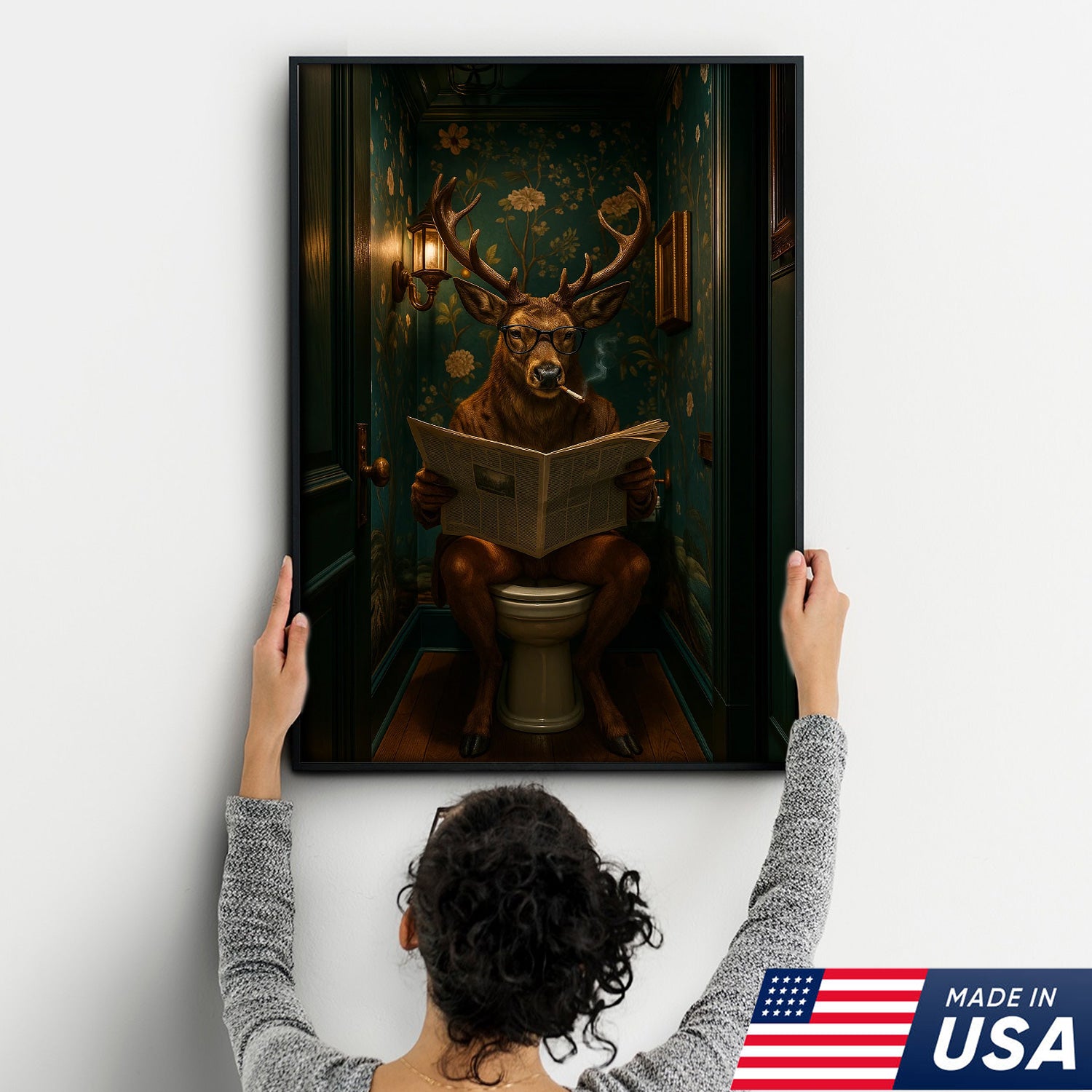 Funny Whitetail Buck Bathroom Canvas – Deer with Glasses Reading Newspaper on Toilet – Quirky Powder Room Wall Art