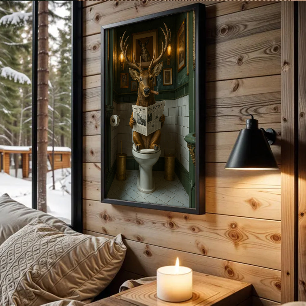 Funny Deer on Toilet Canvas Art – Stylish Animal Wall Art with Smoking and Wall Street Newspaper – Unique Bathroom Decor