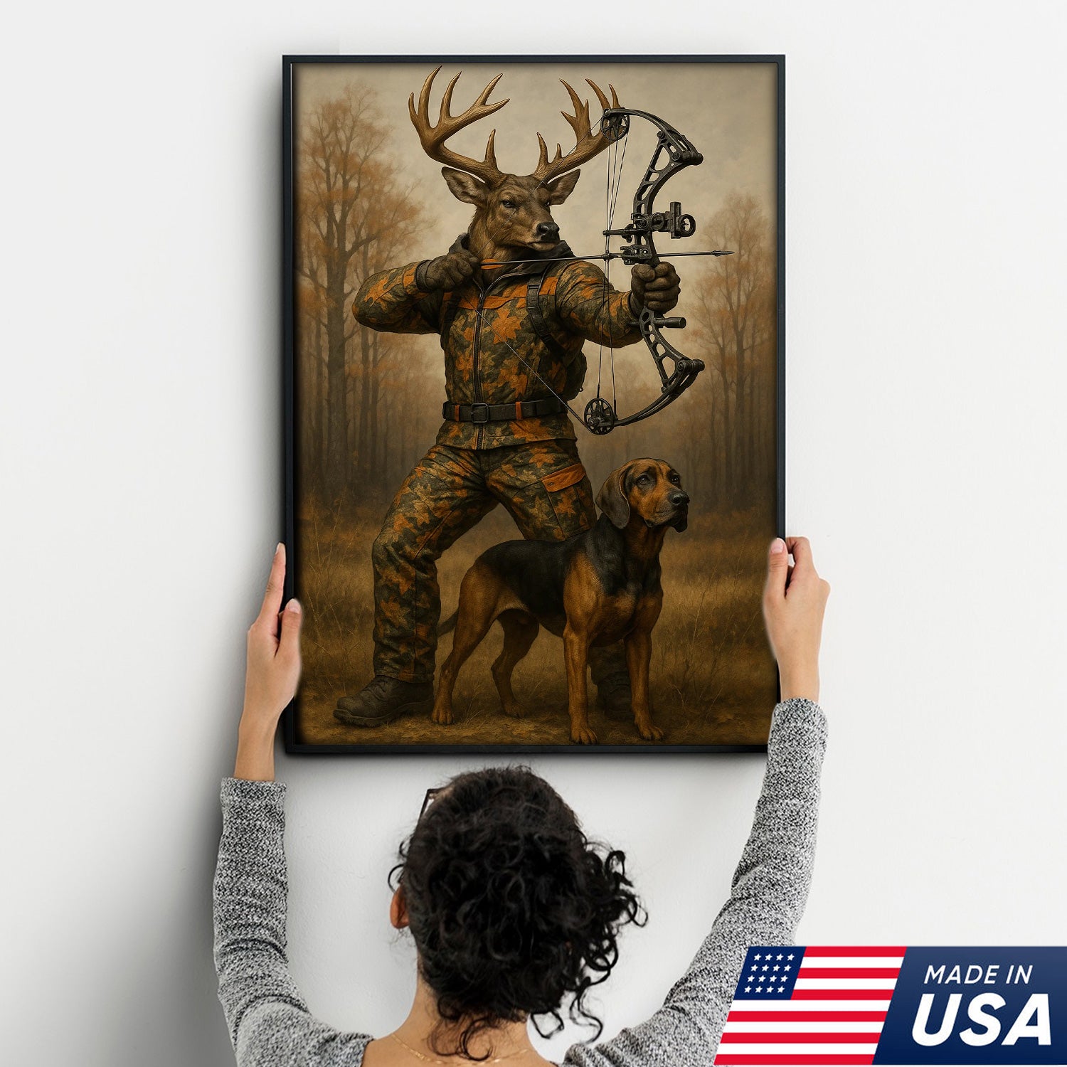 Whitetail Buck Bowhunter Canvas Wall Art – Deer Archer in Camo with Hound Dog – Archery Hunting Decor