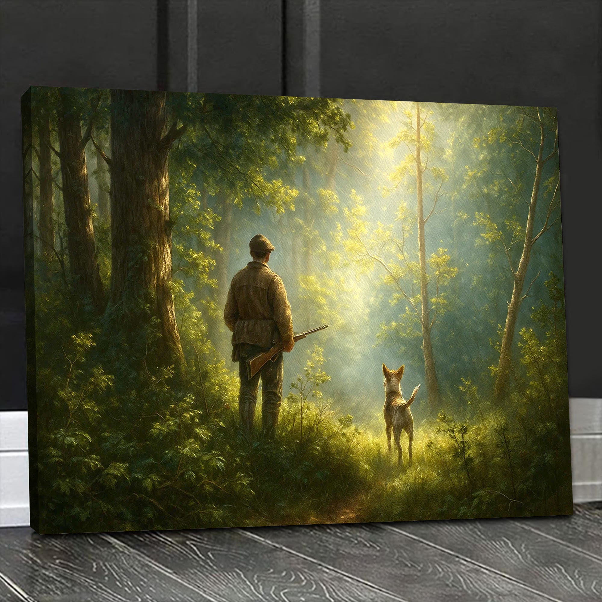 Hunting Canvas Wall Art – Hunter and Dog in Sunlit Forest – Rustic Cabin Decor for Wildlife and Outdoor Enthusiasts
