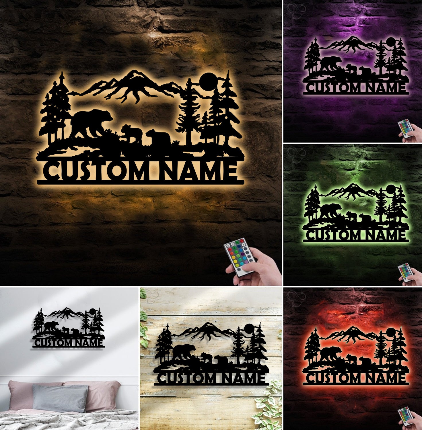 Personalized Bear Family Metal Sign WITH LED/WITHOUT LED - Mountain Cabin Name Sign, Rustic Wildlife Wall Art for Lodge & Outdoor Decor