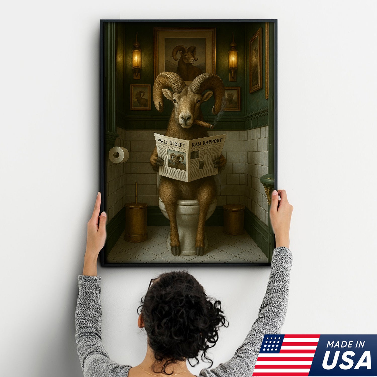 Mountain Goat Toilet Humor Canvas – Funny Hunting Bathroom Wall Art for Hunters, Cabin, Lodge & Country Home