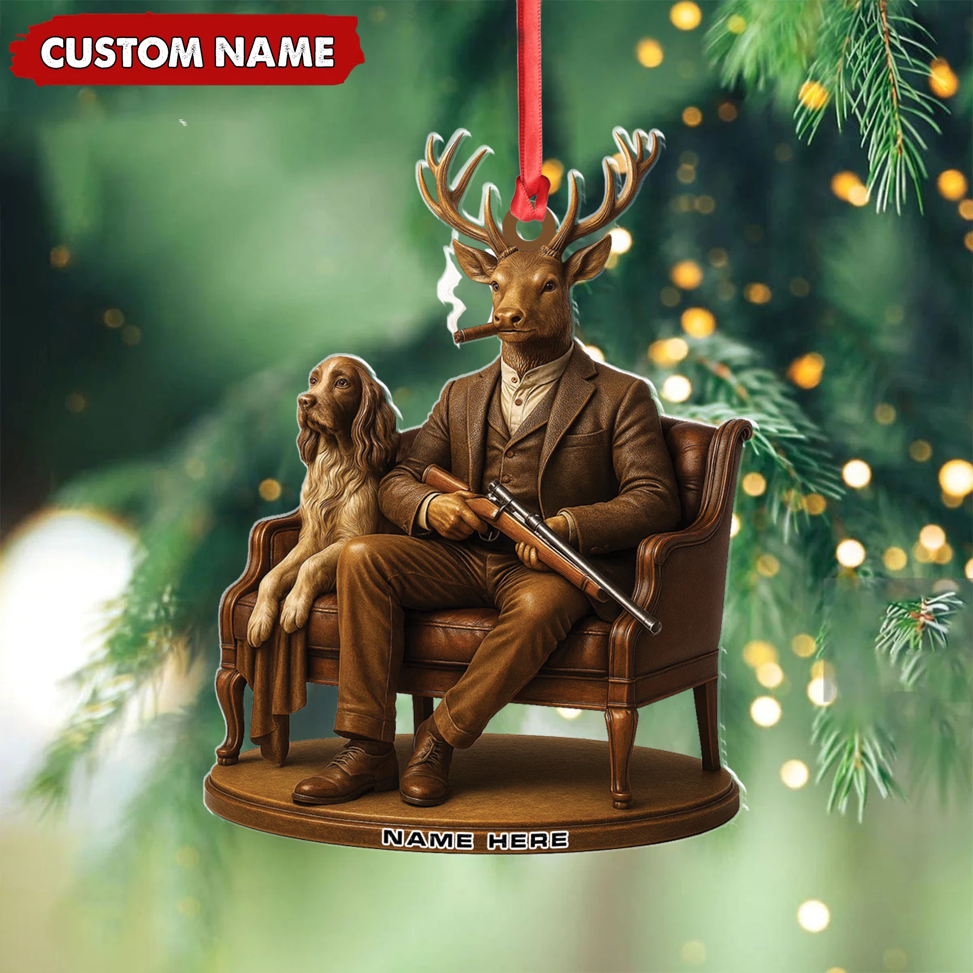 Personalized Acrylic Deer Christmas Ornament – Elegant Hunter Buck with Dog Holding Rifle Holiday Decor