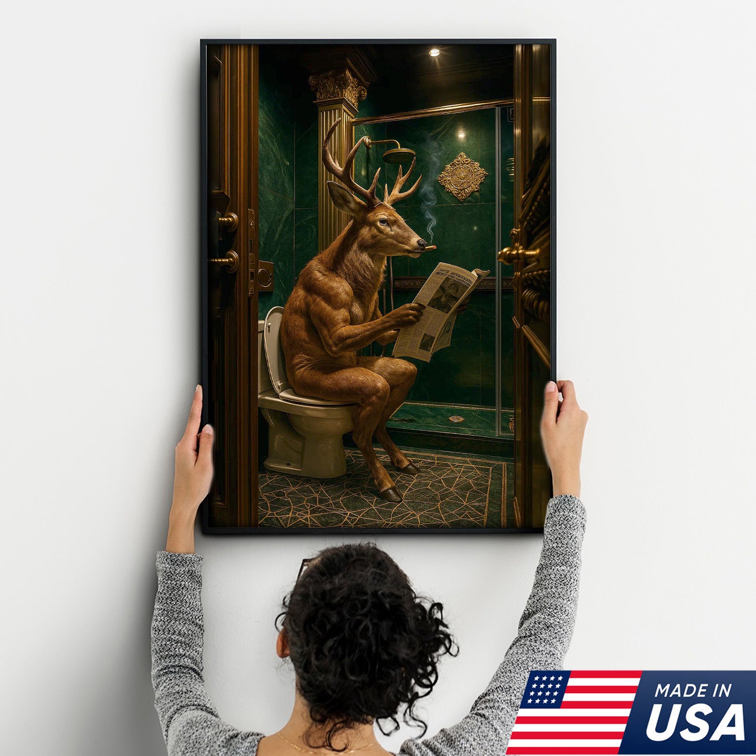 Funny Deer Canvas Wall Art - Anthropomorphic Deer Reading Newspaper in Bathroom, Surreal Animal Decor for Rustic & Modern Homes