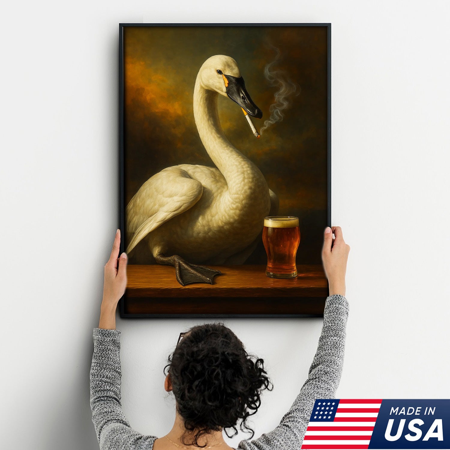 Rustic Tundra Swan Canvas Wall Art – Elegant Wildlife Bar Scene with Beer – Hunting Cabin Lodge Decor