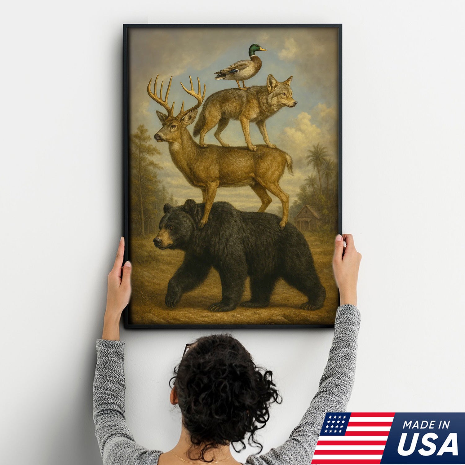 Epic Wildlife Stacking Canvas Wall Art – Bear, Deer, Coyote & Duck – Rustic Hunting Cabin Decor