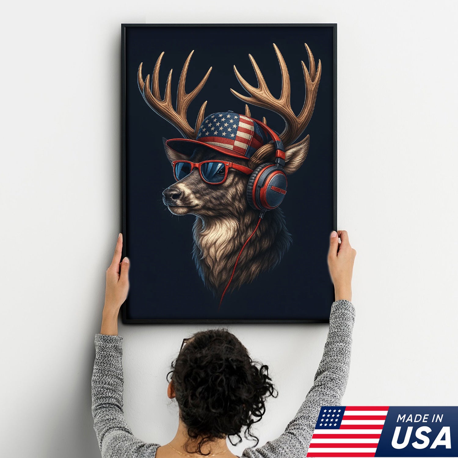 Patriotic Deer Wall Art Canvas – Cool Buck with American Flag Hat and Headphones – Rustic Hunting Lodge Decor USA