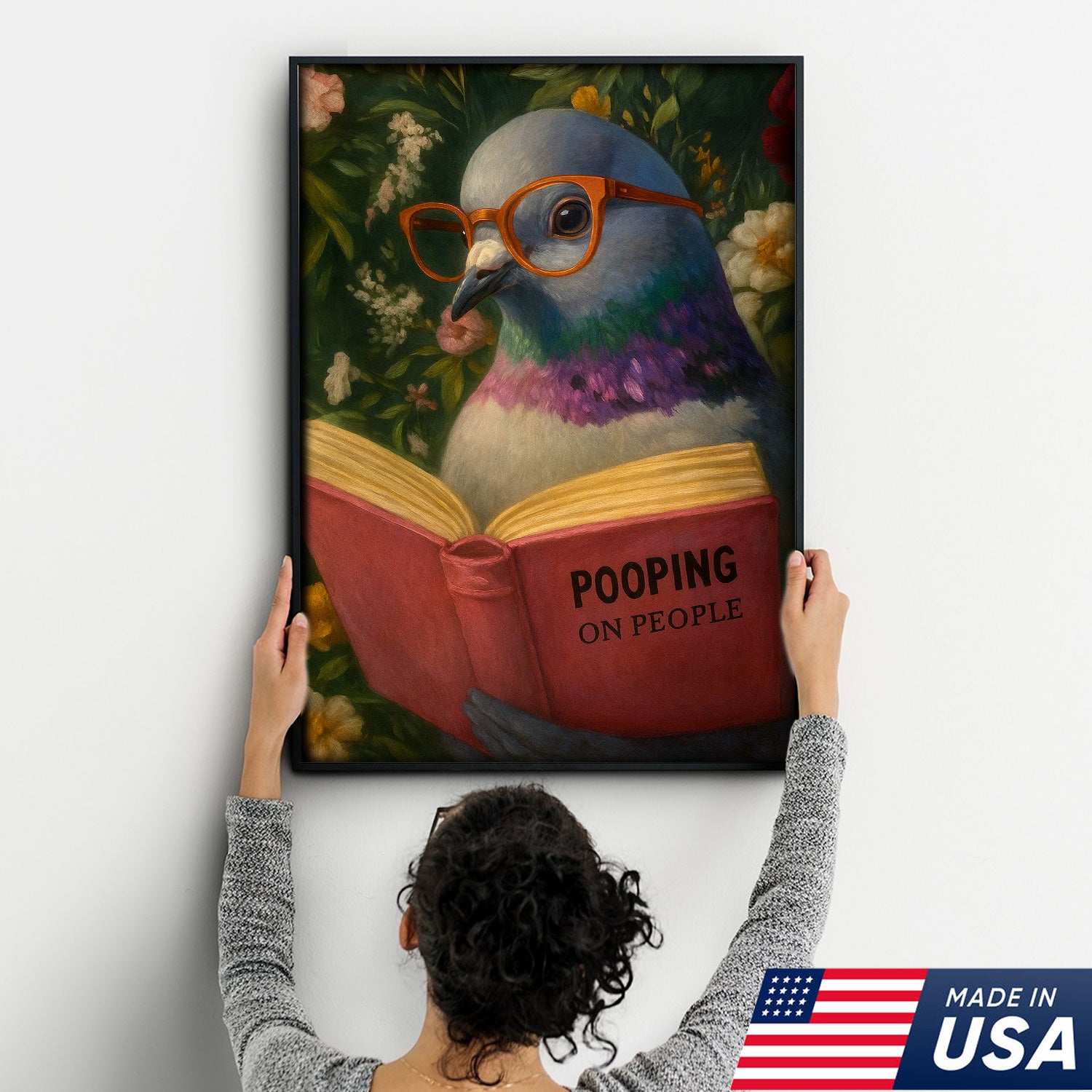 Funny Pigeon Canvas Wall Art - Reading Bird with Glasses Design - Quirky Animal Artwork for Home Decor