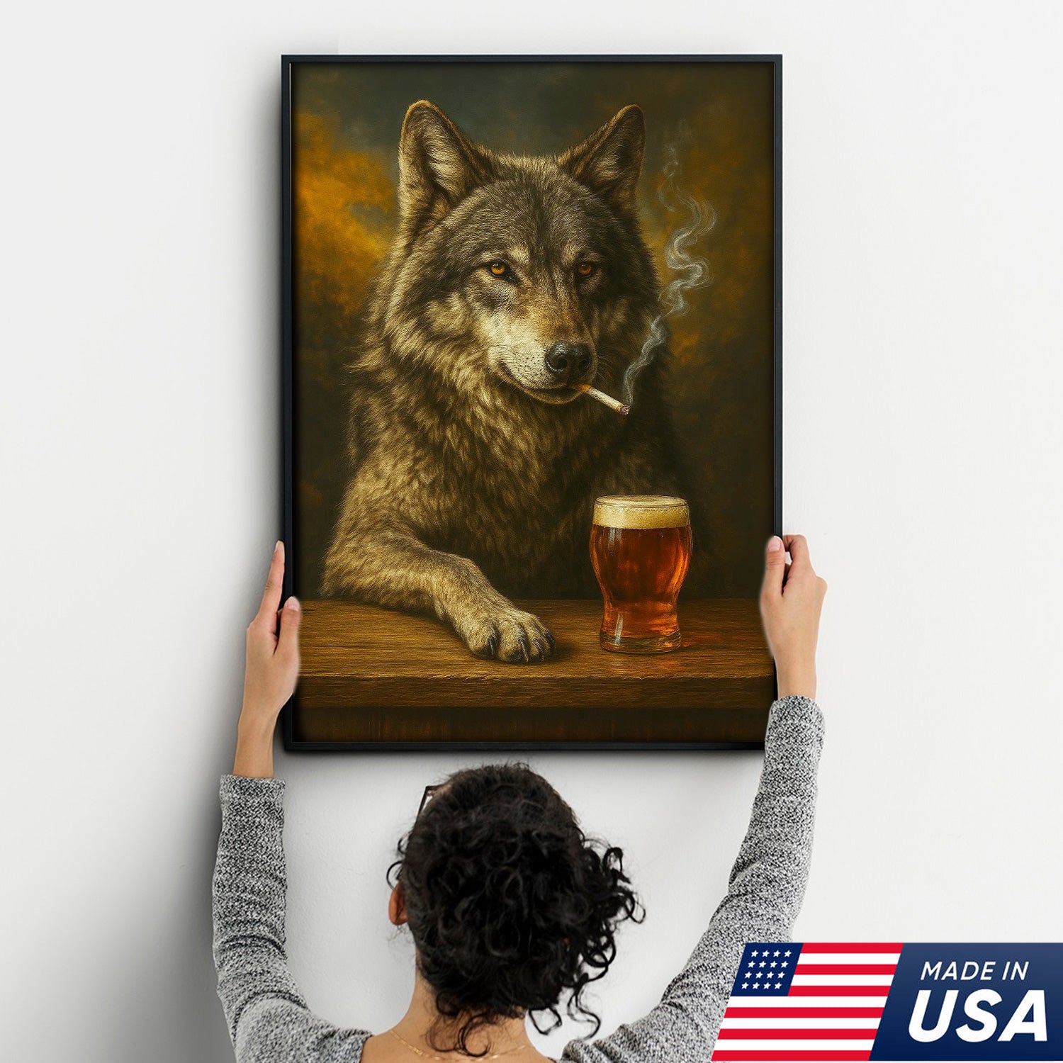 Rustic Gray Wolf Canvas Wall Art – Majestic Wildlife Bar Scene with Beer – Hunting Cabin Lodge Decor