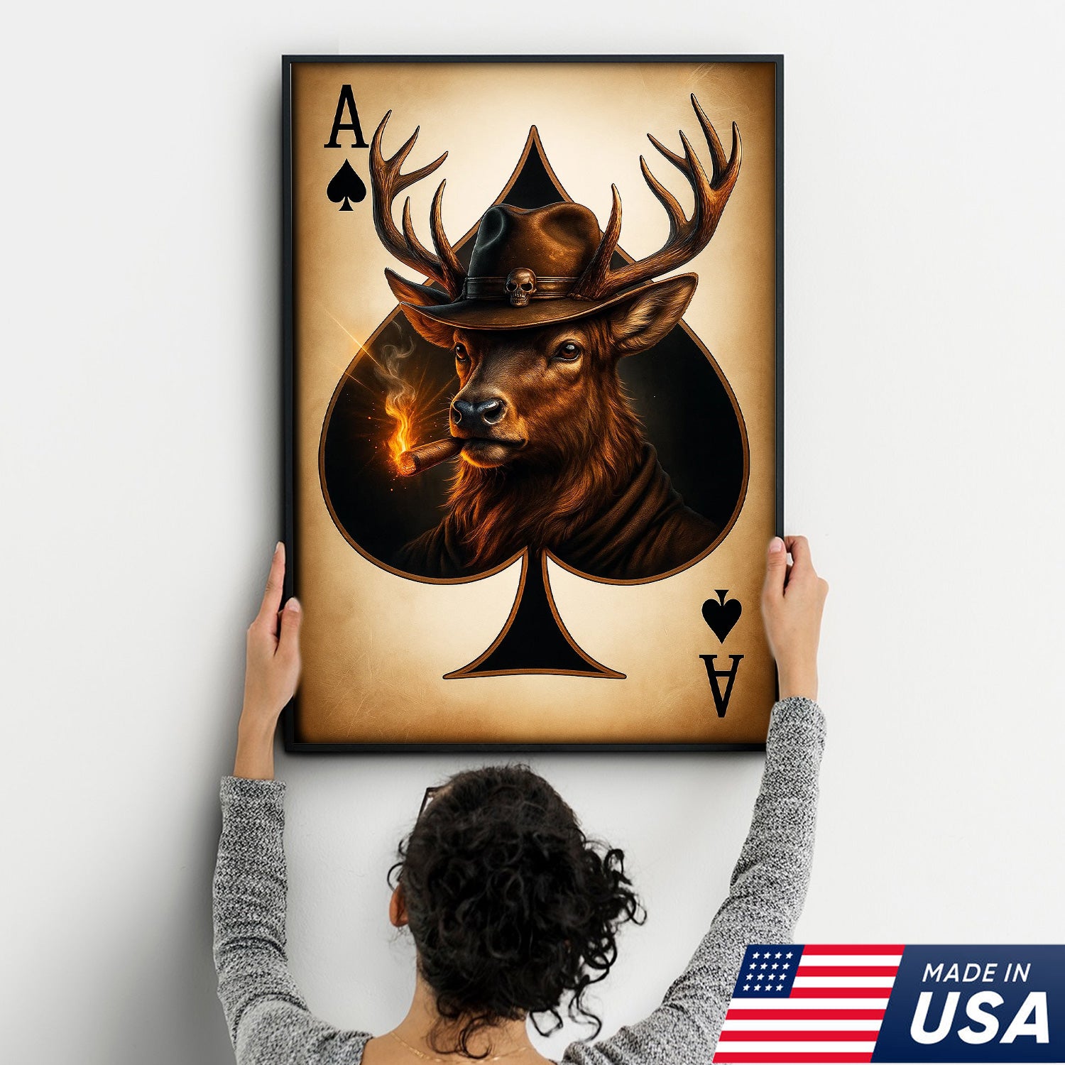 Wild West Ace of Spades Canvas Wall Art – Cowboy Deer with Hat – Rustic Hunting Cabin Decor